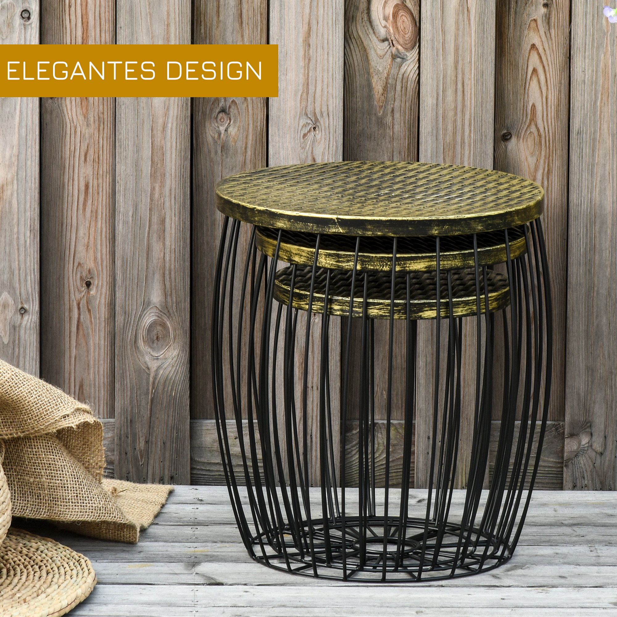 3er-Set Couchtische Beistelltische Gartentisch Retro Metallkorb Drahtkorb Garten Satztisch Gartenmöbel Outdoor Balkon Metall Natur+Schwarz 3 Größen