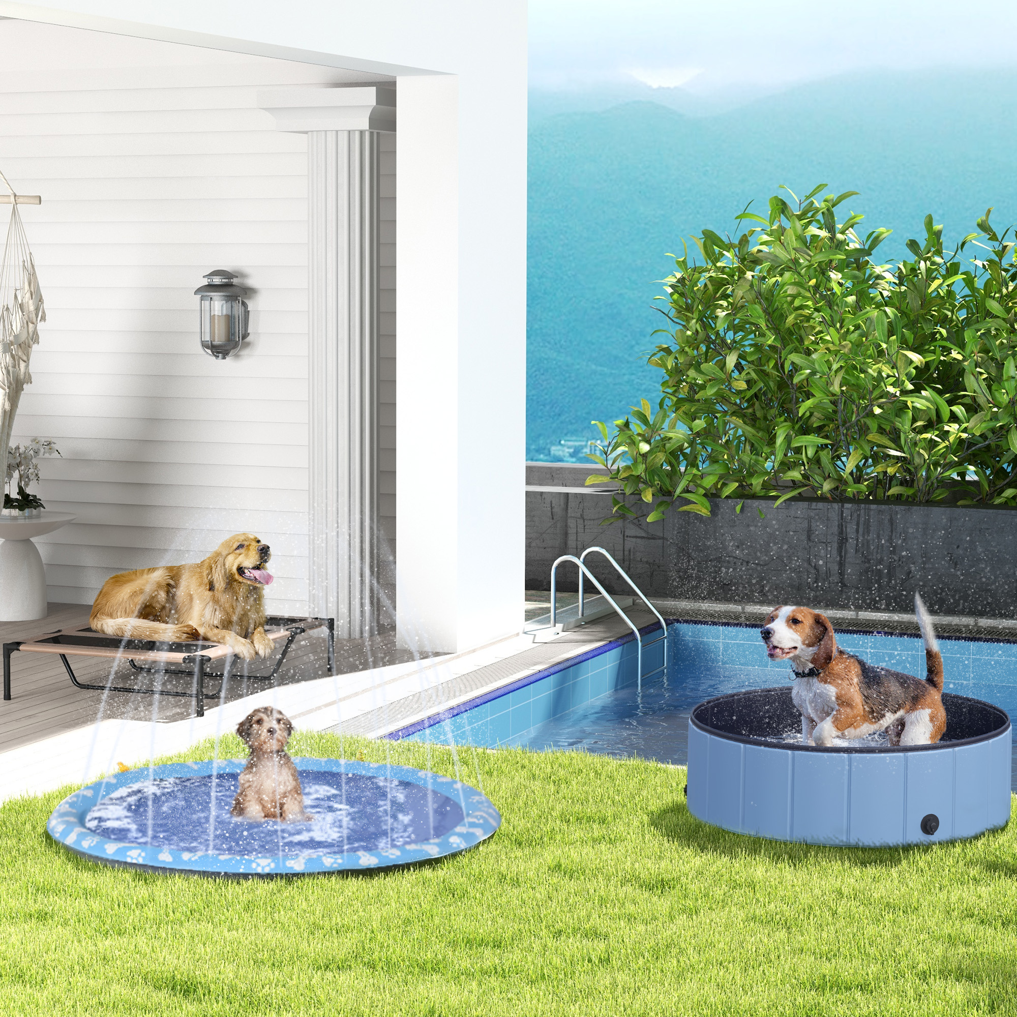Hundebadewanne faltbar Badewanne Hundepool Plantschbecken Swimmingpool Wasserbecken für Hunde und Katzen Schwimmbecken Kunststoff+Holz Blau Ø100 x H30 cm