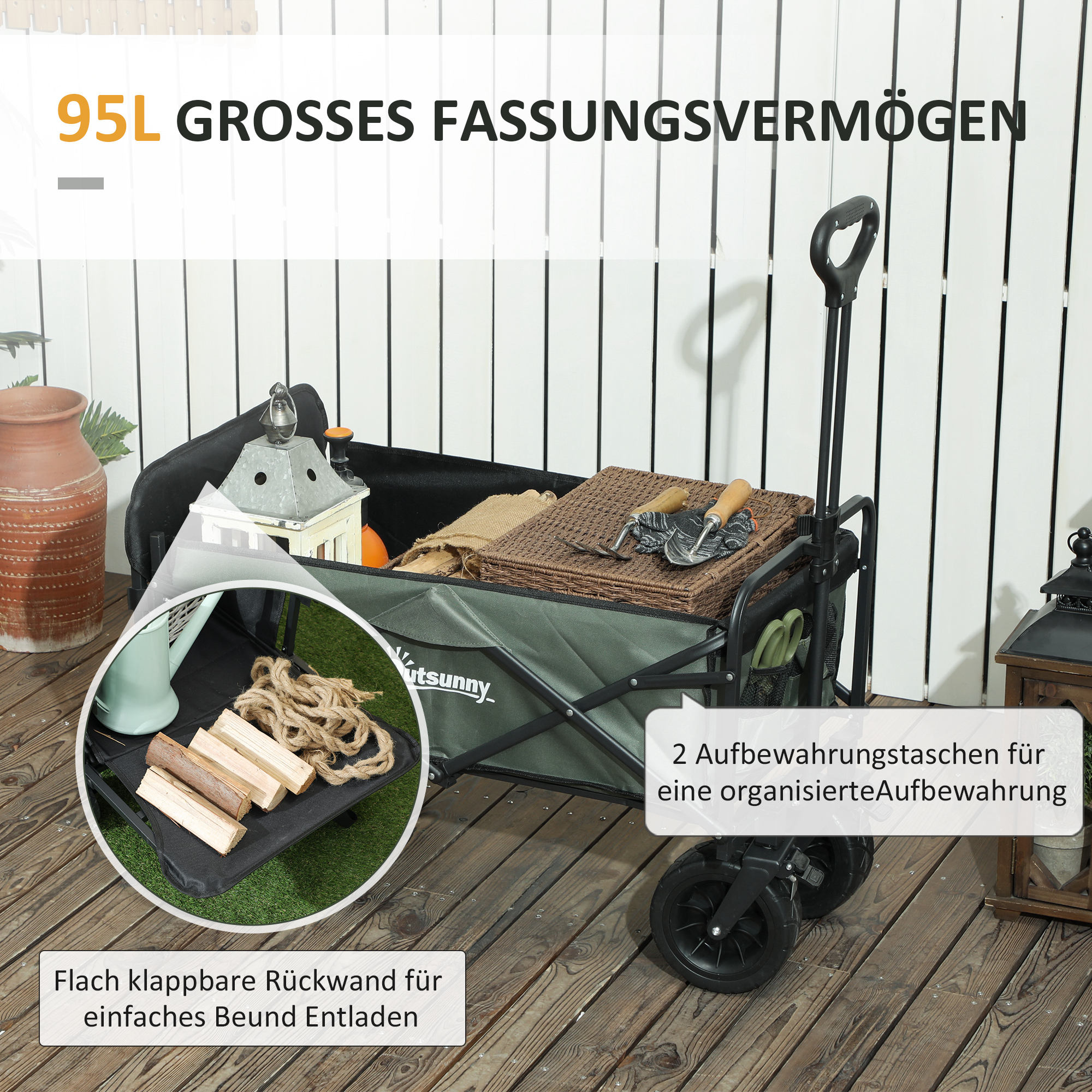 Gartenwagen 120 kg belastbar, klappbar Transportwagen mit herausnehmbare Plane, Griff, Rädern 95 Liter Grün