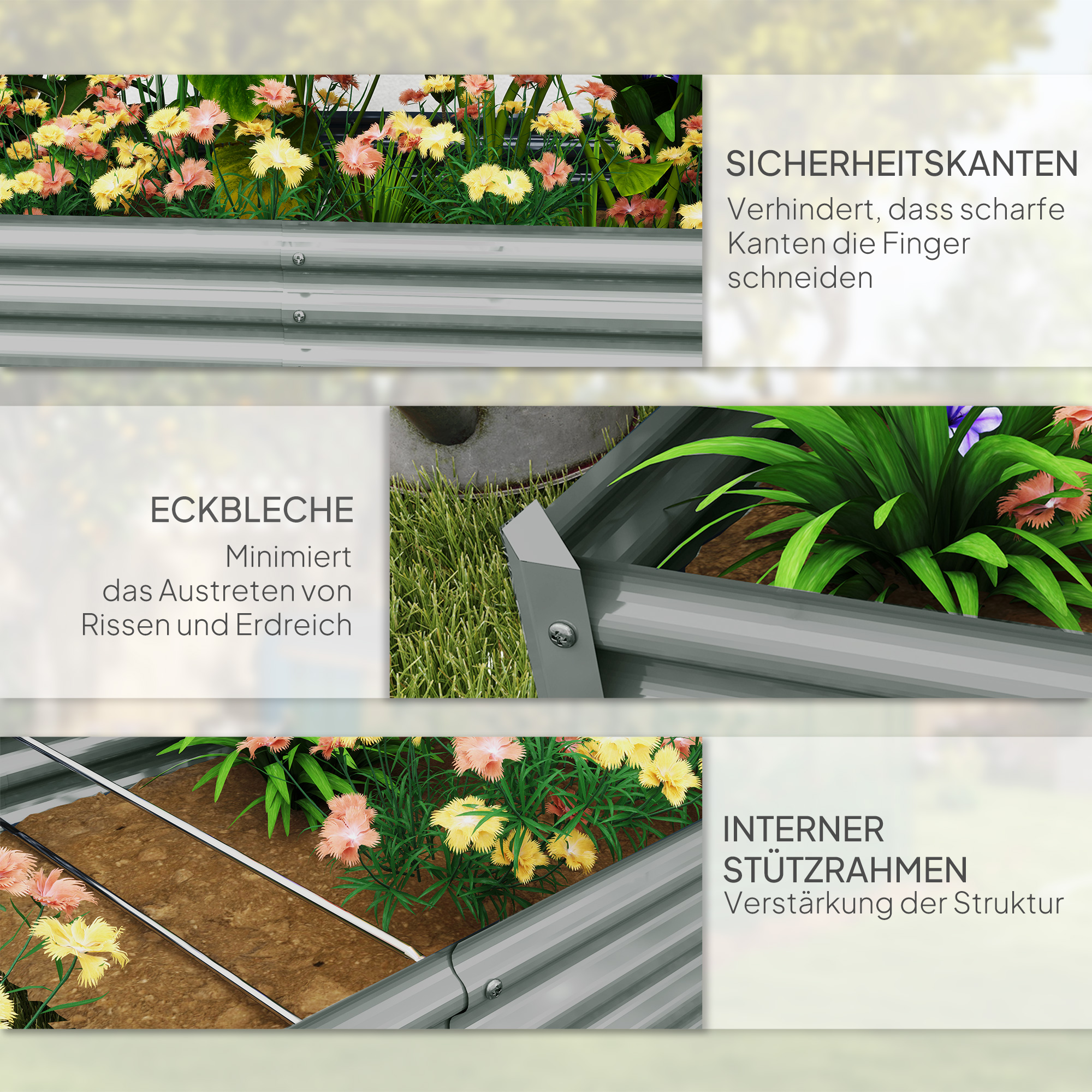Hochbeet aus Stahl, Wetterbeständig Pflanzbeet mit Anti-Schnittkante Frühbeet