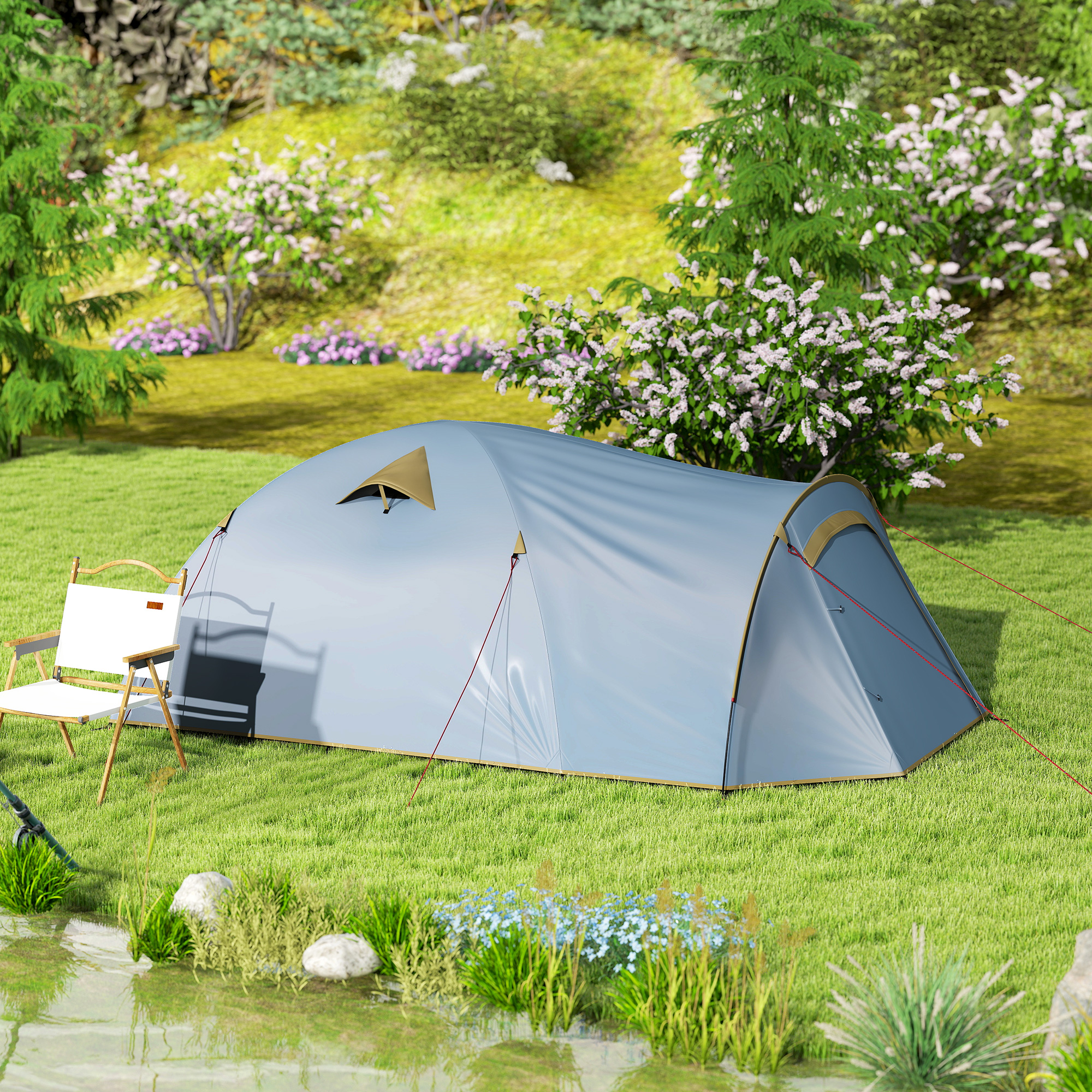 Campingzelt für 4 Personen, wasserdicht Tunnelzelt mit 2 Türen Haken Packtasche 3,45 x 2,4 x 1,3 m Hellblau
