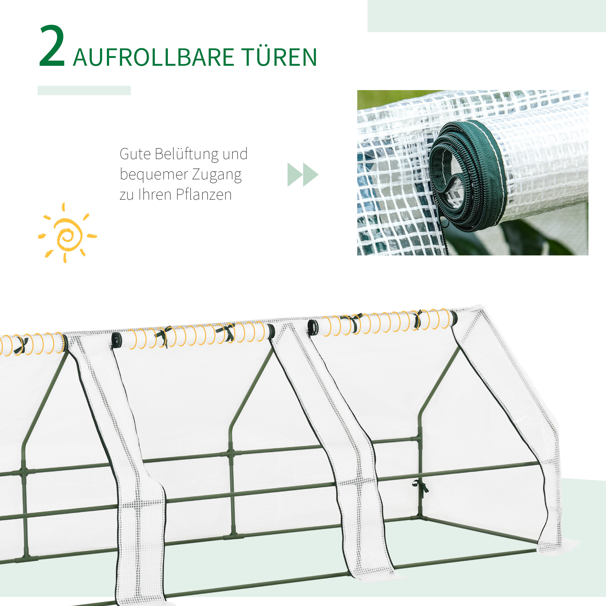 Gewächshaus mit 3 Rollfenster, PE-Gitterfolie, Foliengewächshaus aus Stahl, Treibhaus für Balkon, Garten, Tomatenhaus 270x90x90cm, Tomatengewächshaus für Gemüse, Blumen, Pflanzen, Weiß