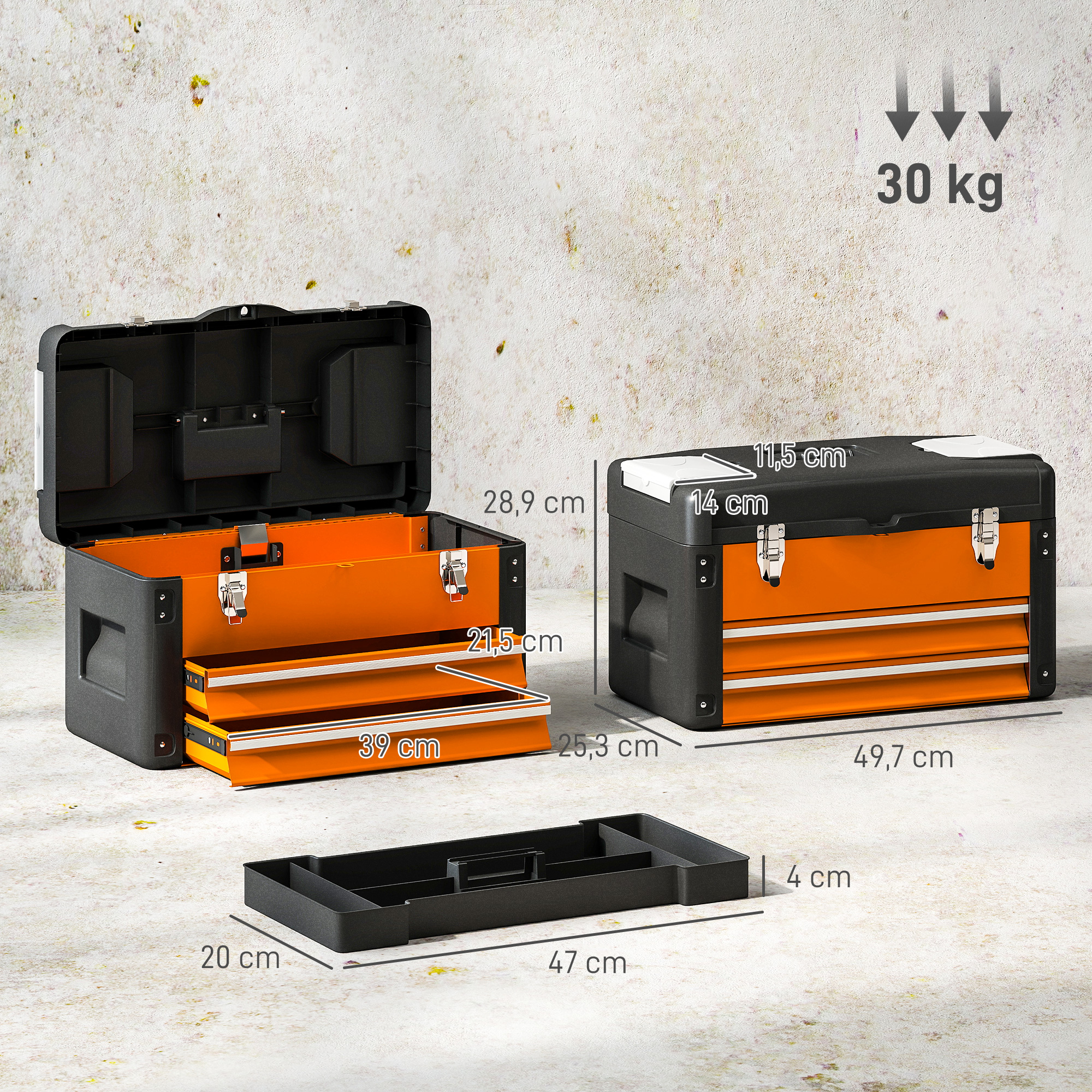 Werkzeugkiste leer, 49,7 x 25,3 x 28,9 cm Werkzeugkasten mit Schublade, Mini-Box Stahl Orange