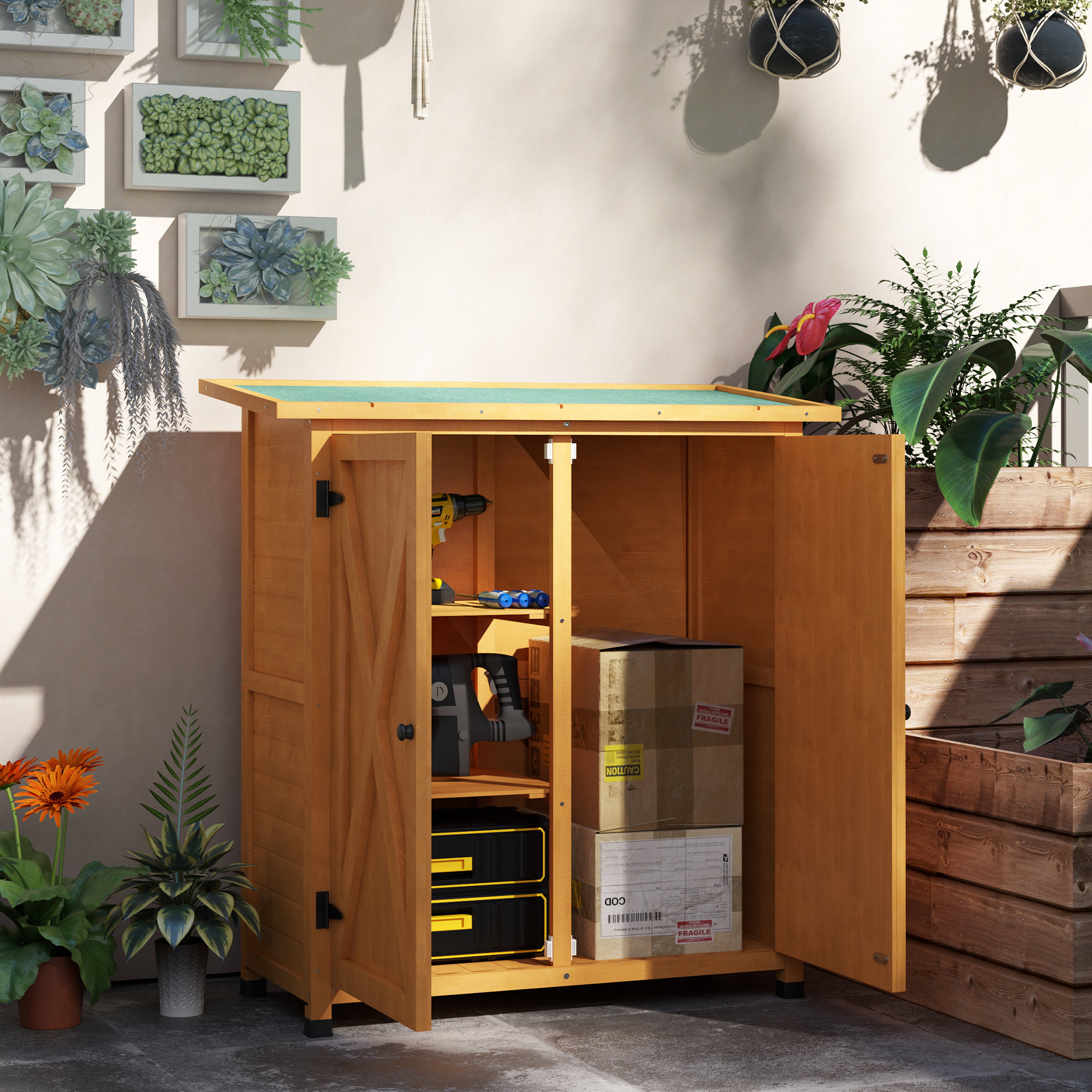 Gartenschrank, Geräteschuppen aus Holz, Wetterfest Geräteschrank mit 2 Türen Asphaltdach 110 x 55 x 117 cm, Gelb