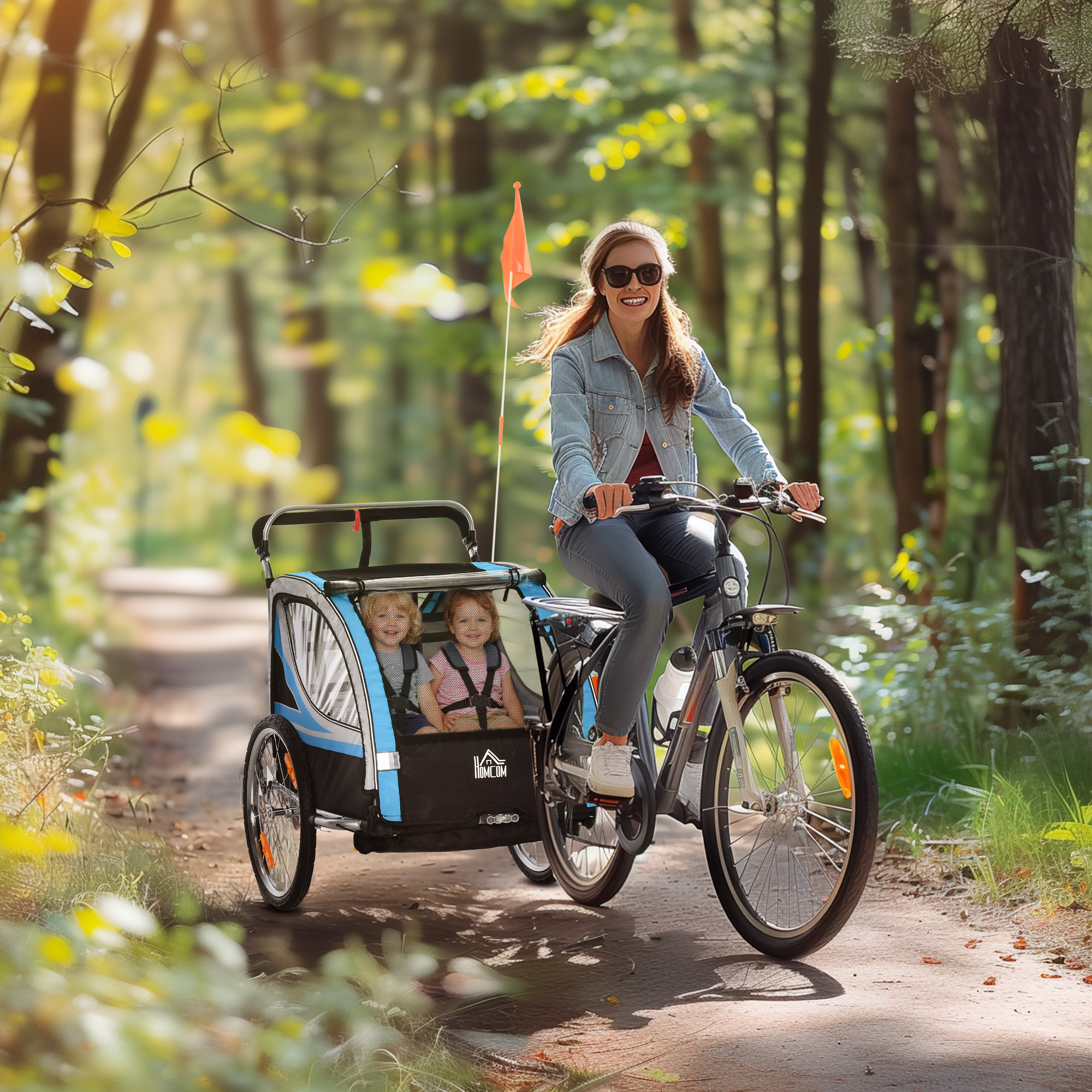 Kinderanhänger, Kinderwagen, 5-Punkt-Sicherheitsgurt, Universalkupplung, Stahl, Blau, 142 x 75 x 101 cm