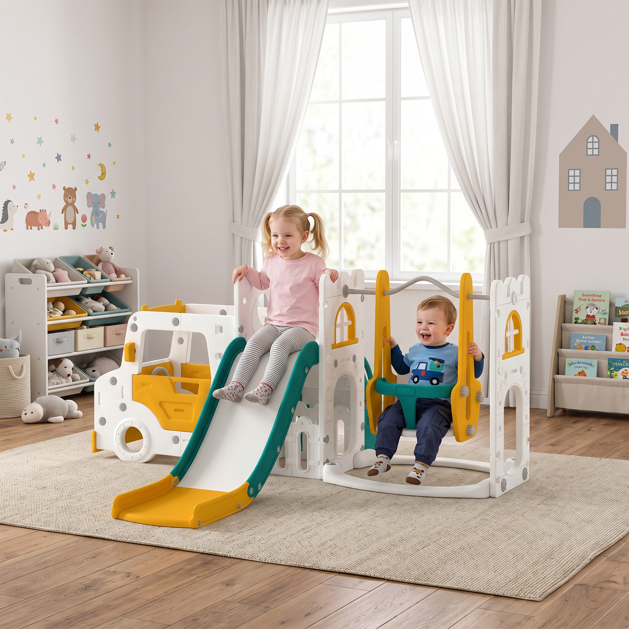 7 in 1 Kinderrutsche mit Schaukel Tunnel Gartenrutsche mit Auto Lenkrad Hupe Klettergerüst 4PCS Moduls 1–4 Jahre Weiß