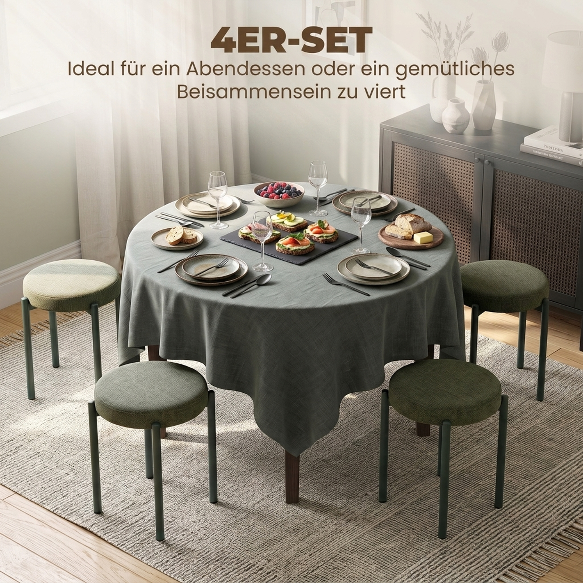 Esszimmerhocker 4er Set Stapelbare Sitzhocker mit Stahlbeinen, Leinenoptik für Esszimmer, Wohnzimmer, Küche, Dunkelgrün