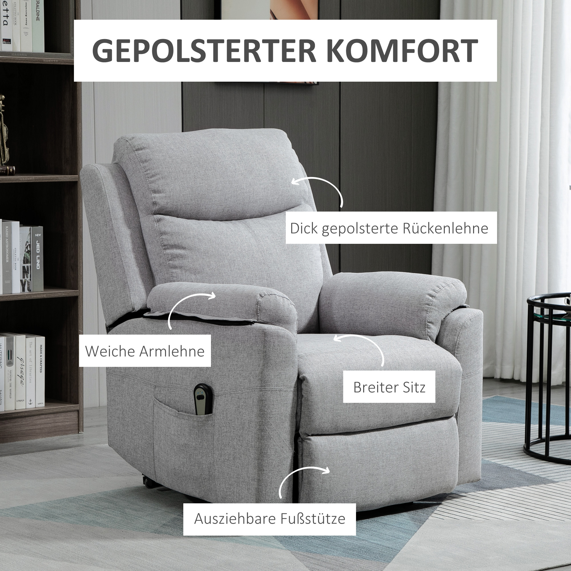 Relaxsessel mit Aufstehhilfe, elektrisch, Liegefunktion, Fernbedienung, Taschenfederkern, bis 120 kg, Grau