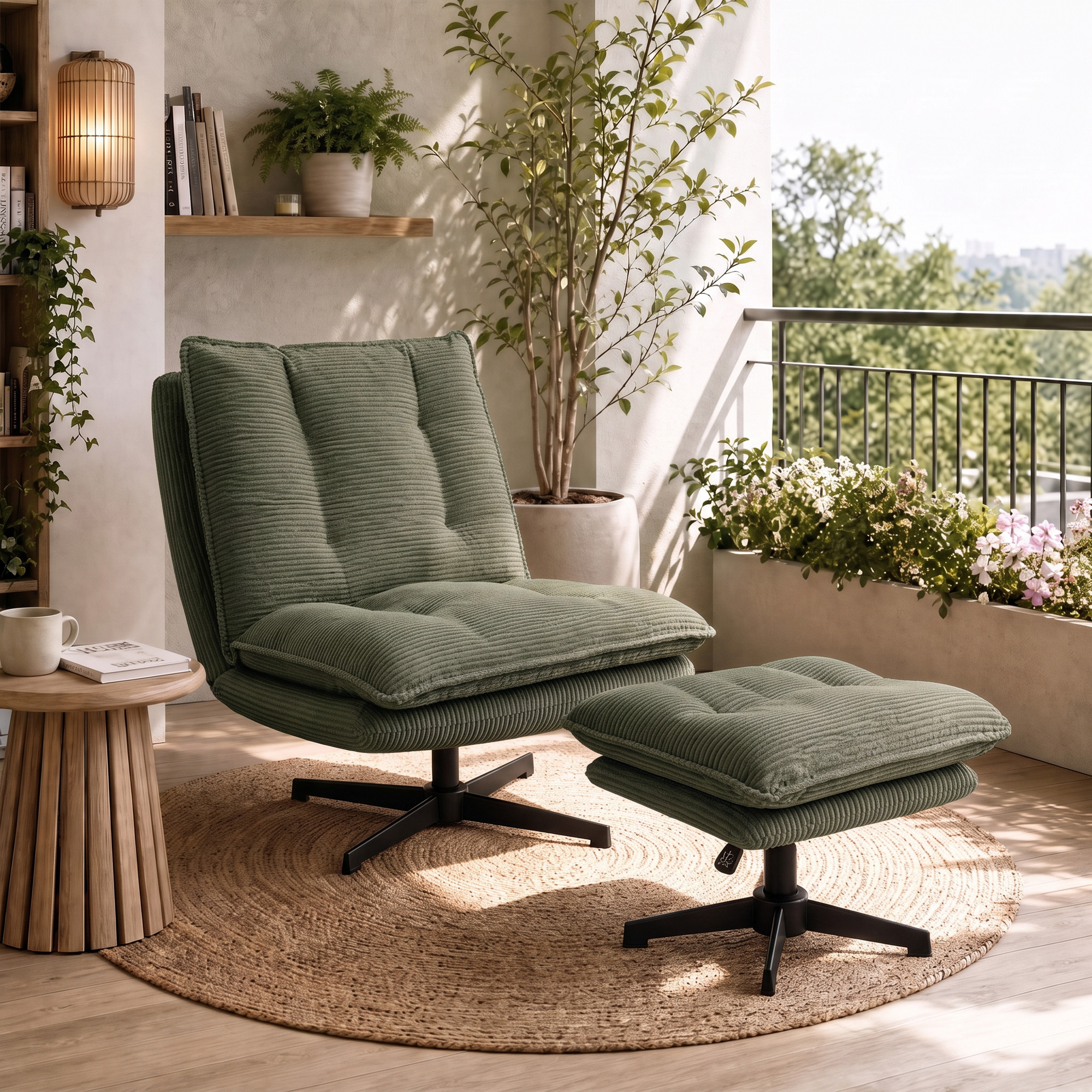 Loungesessel mit Hocker, 360° drehbar, Cordbezug, höhenverstellbare Fußstütze, Grün