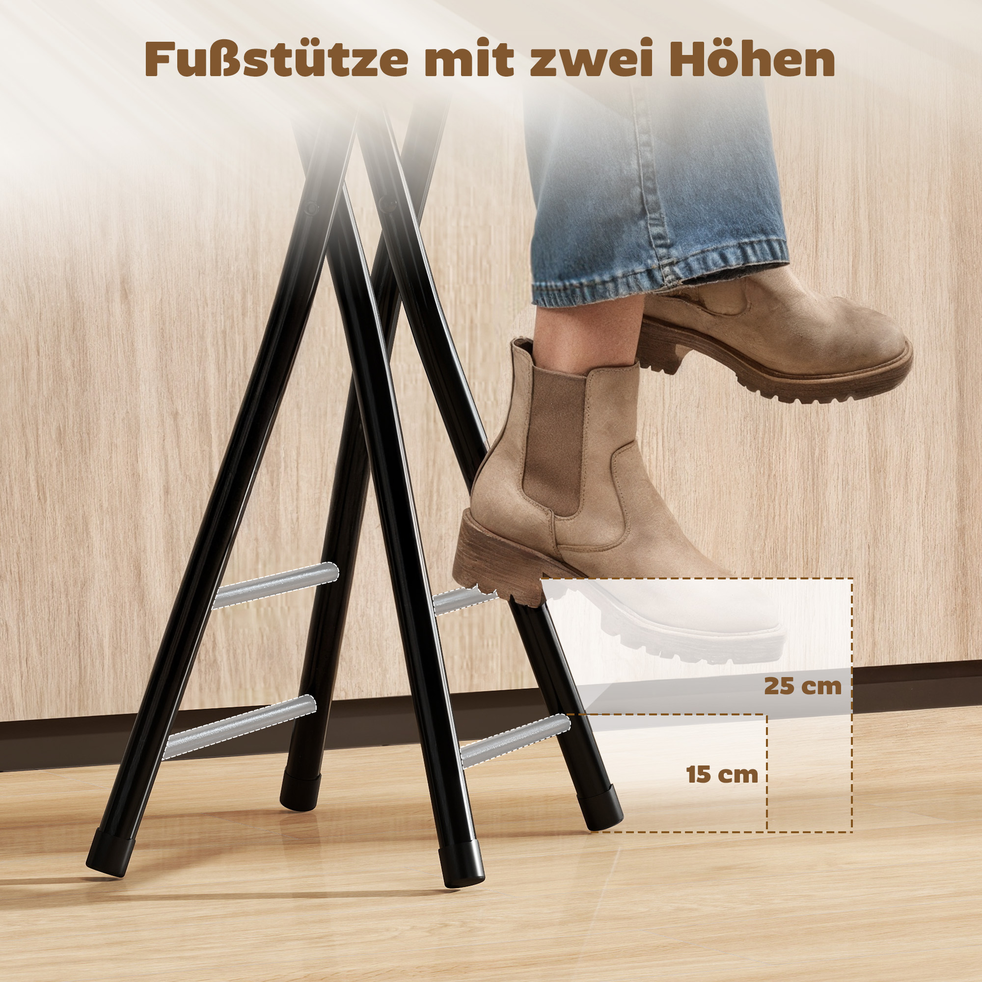 Barhocker 2er Set, Klappbar Barstuhl mit Stahlgestell, Küchenstühle mit doppelter Fußstütze 34 x 30 x 70 cm Schwarz