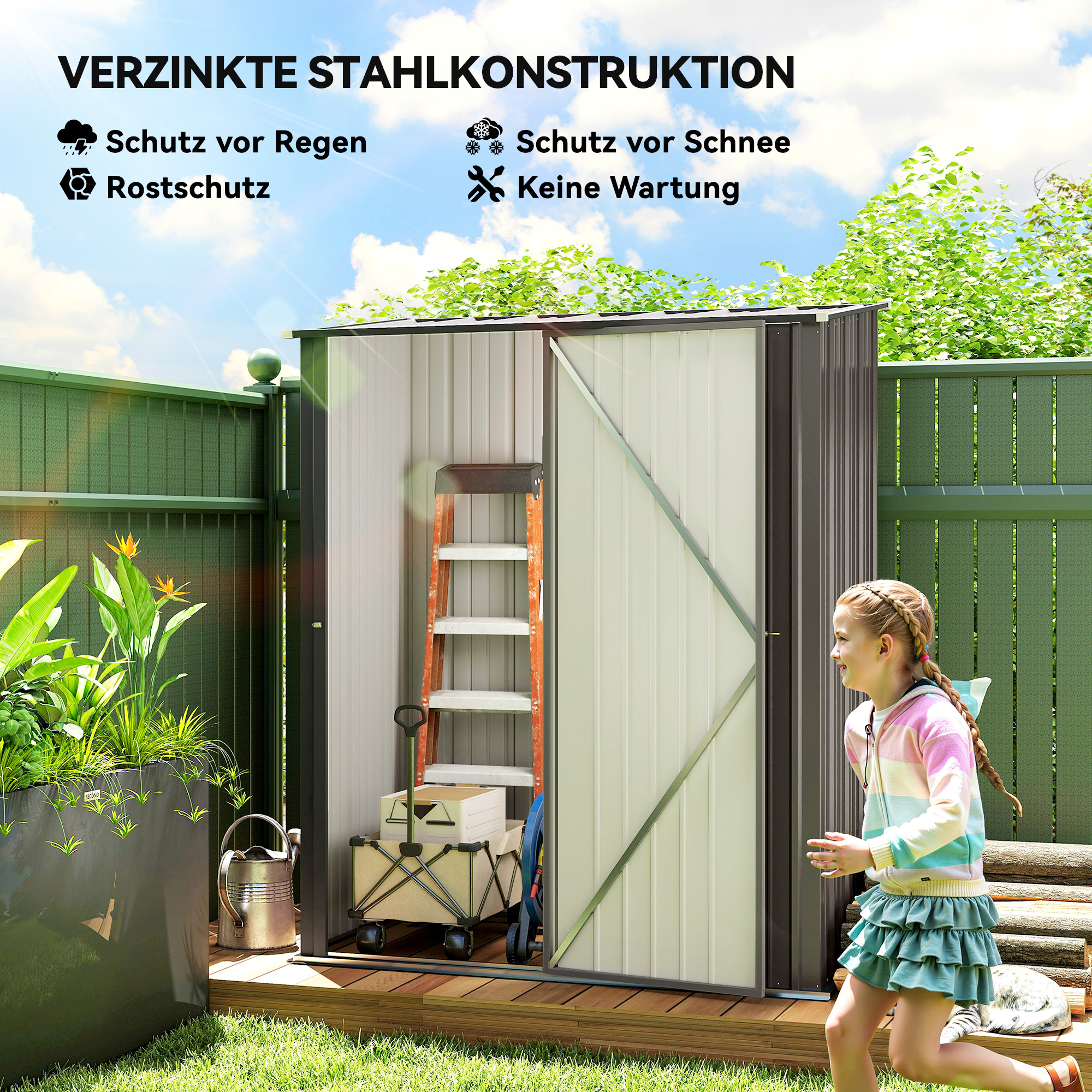 Gartenschuppen Geräteschuppen, verschließbare Tür, wetterbeständig, 161,5 cm x 94,5 cm x 196 cm, Schwarz