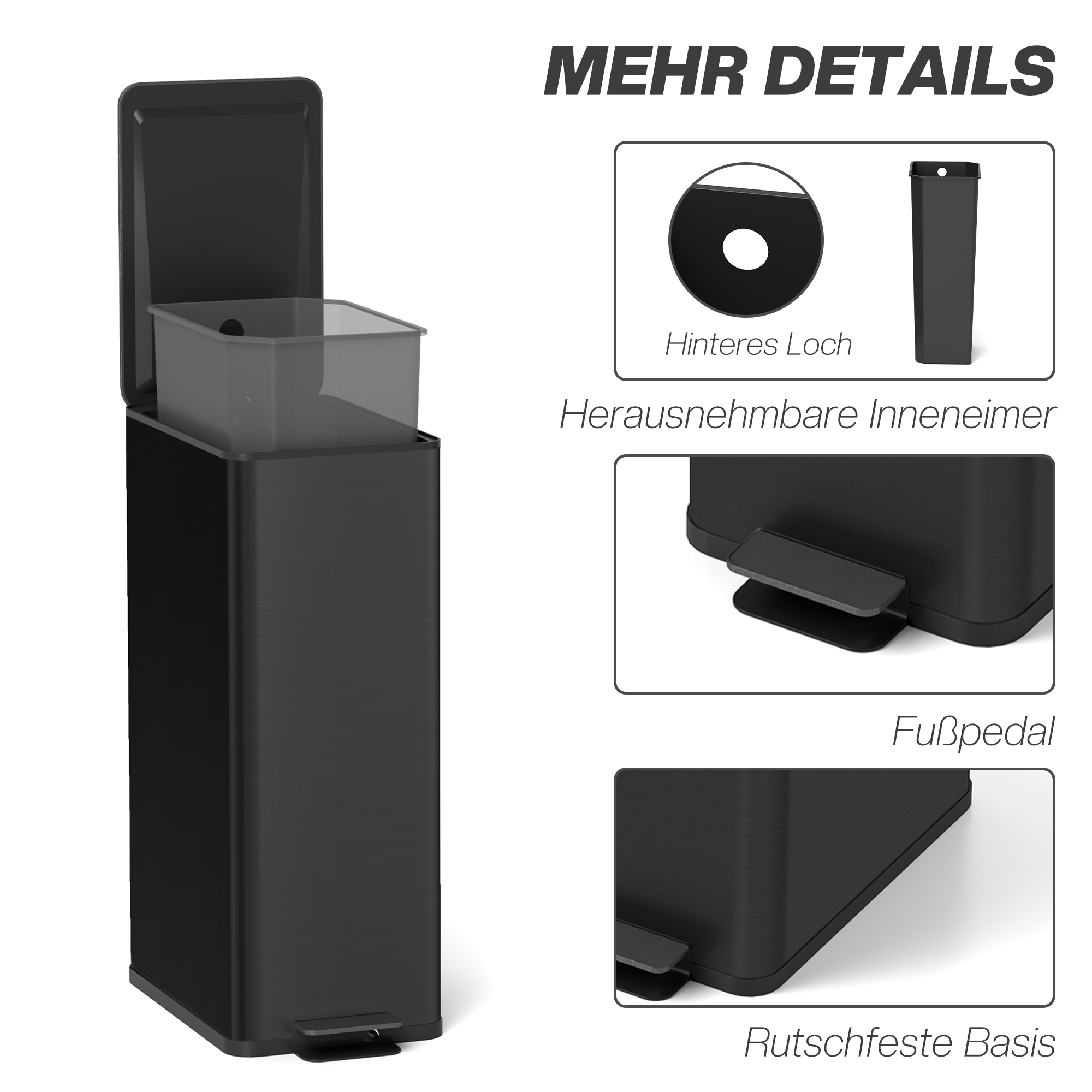 Mülleimer 20l, Soft-Close-Deckel, Deodorant-Fach, Fingerabdrucksicher, Edelstahl, Schwarz