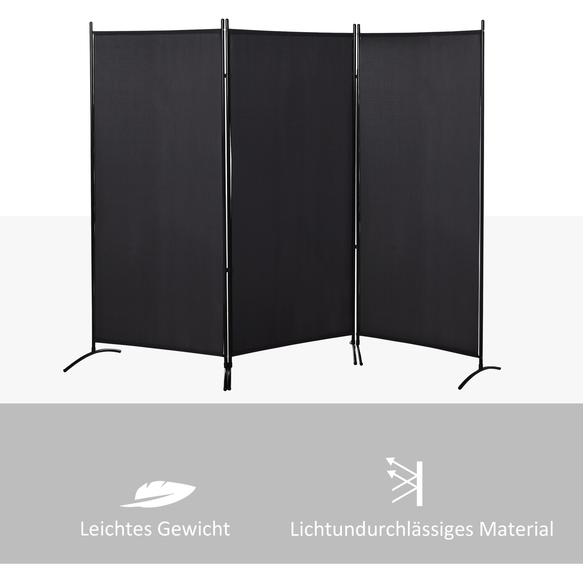 Raumteiler, 3-teiliger Sichtschutz, Raumtrenner mit Metallrahmen, Schwarz