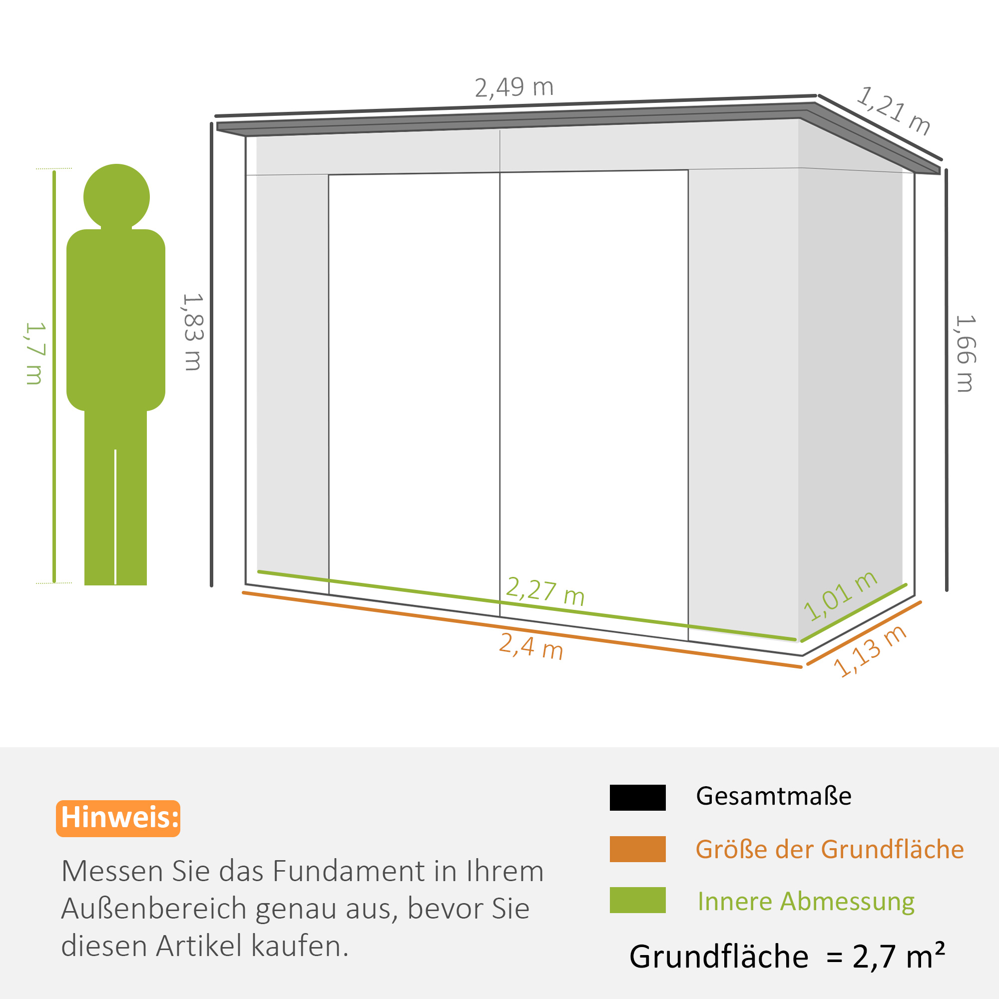 Stahlgartenschuppen, Geräteschuppen, Doppeltüren, 249B x 121T x 166/183Hcm, Grau