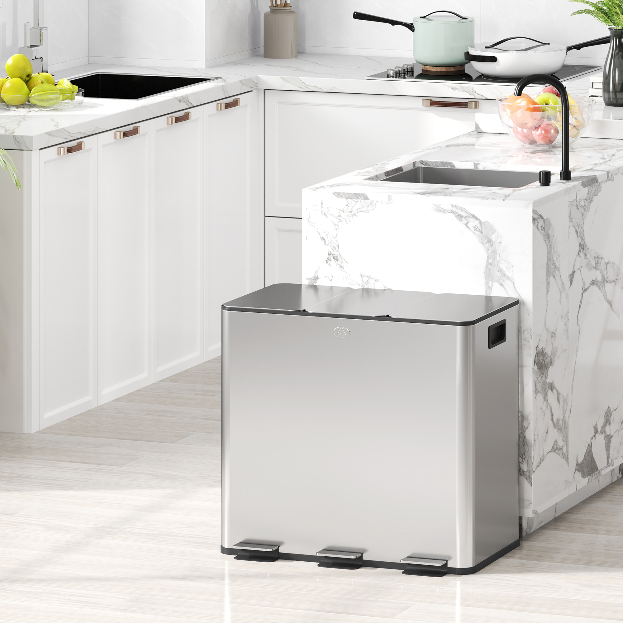 Mülleimer mit 3 x 20 L Fächern, Deodorant-Deckel, fingerabdrucksicher, Soft-Close, herausnehmbar, Silber