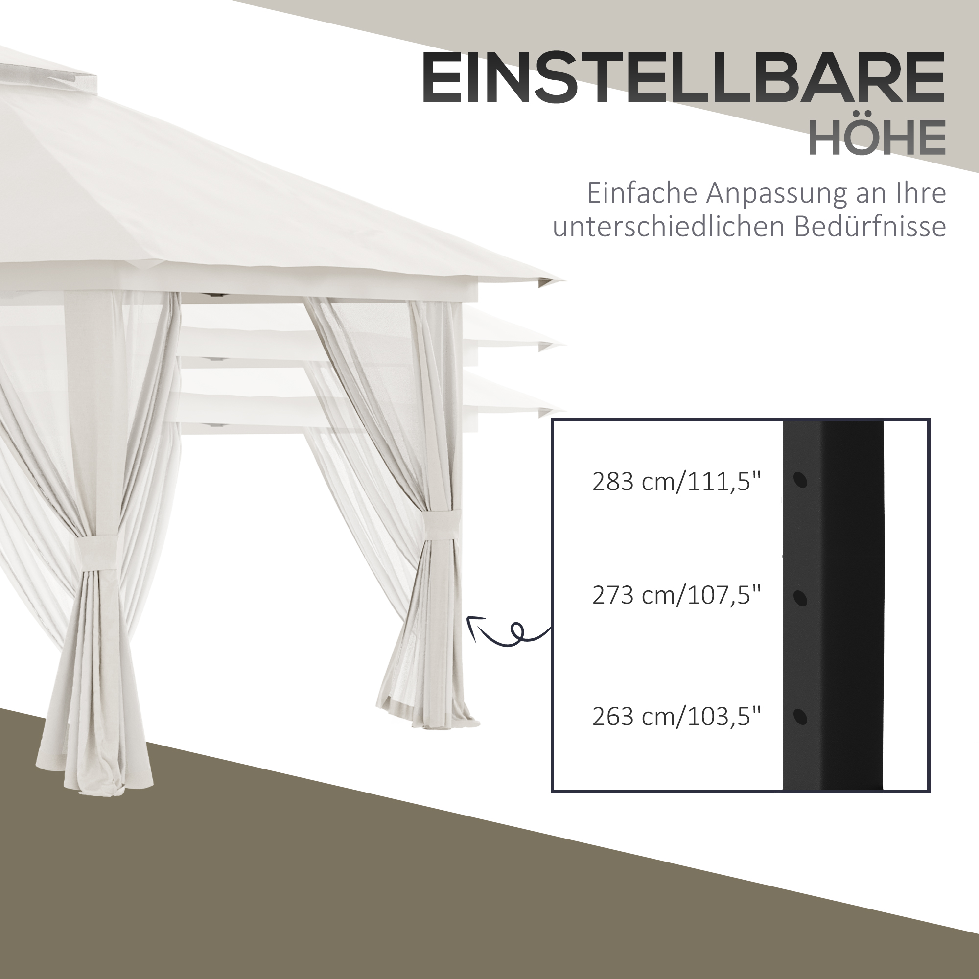 Faltpavillon, höhenverstellbar, 4 Netzwände, Lüftungsdach, Tragetasche, Schnellaufbau, 4 x 4 x 3 m, Cremeweiß
