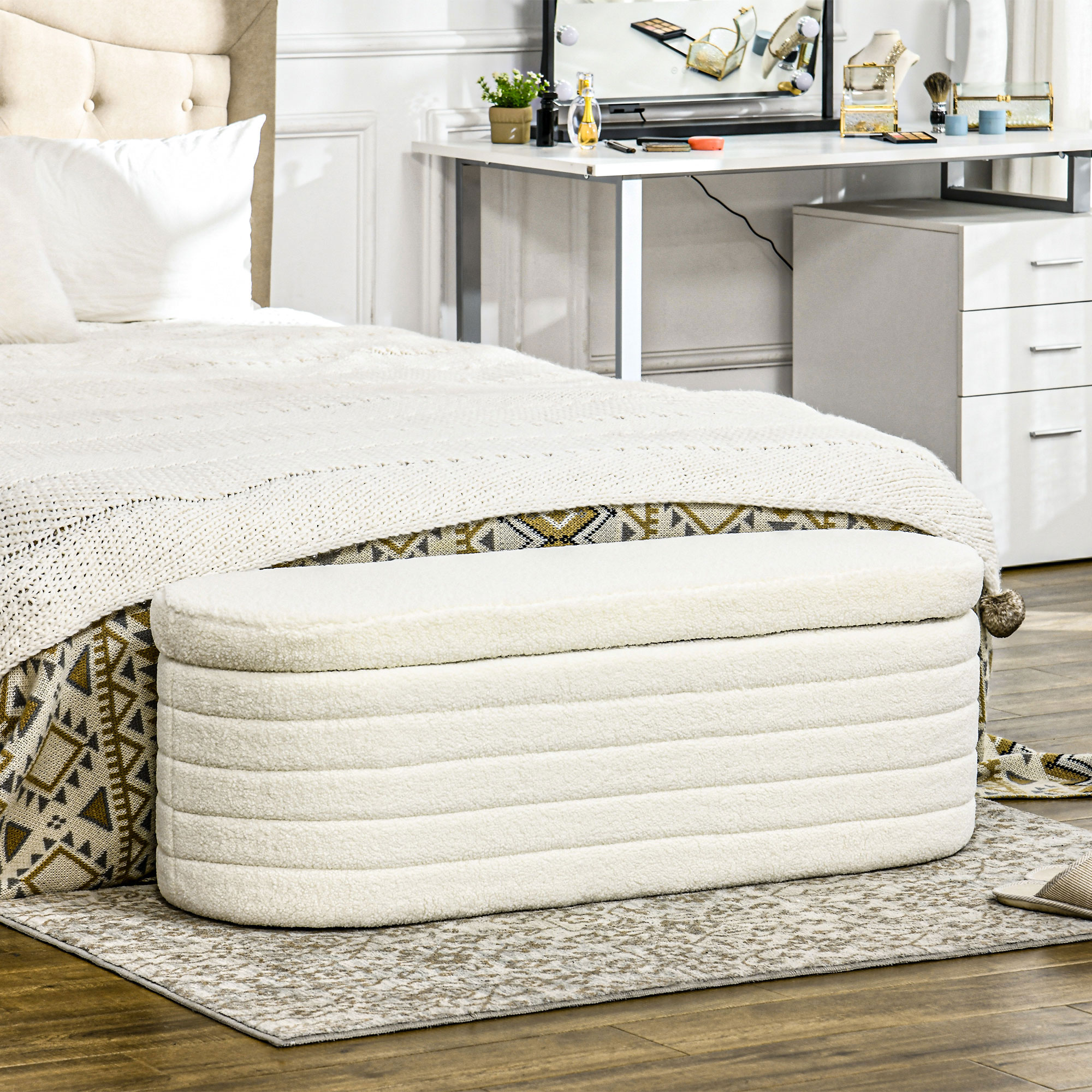 Bettbank, Stauraum, Teddy-Fleece, 116x41x40,5cm, Cremeweiß