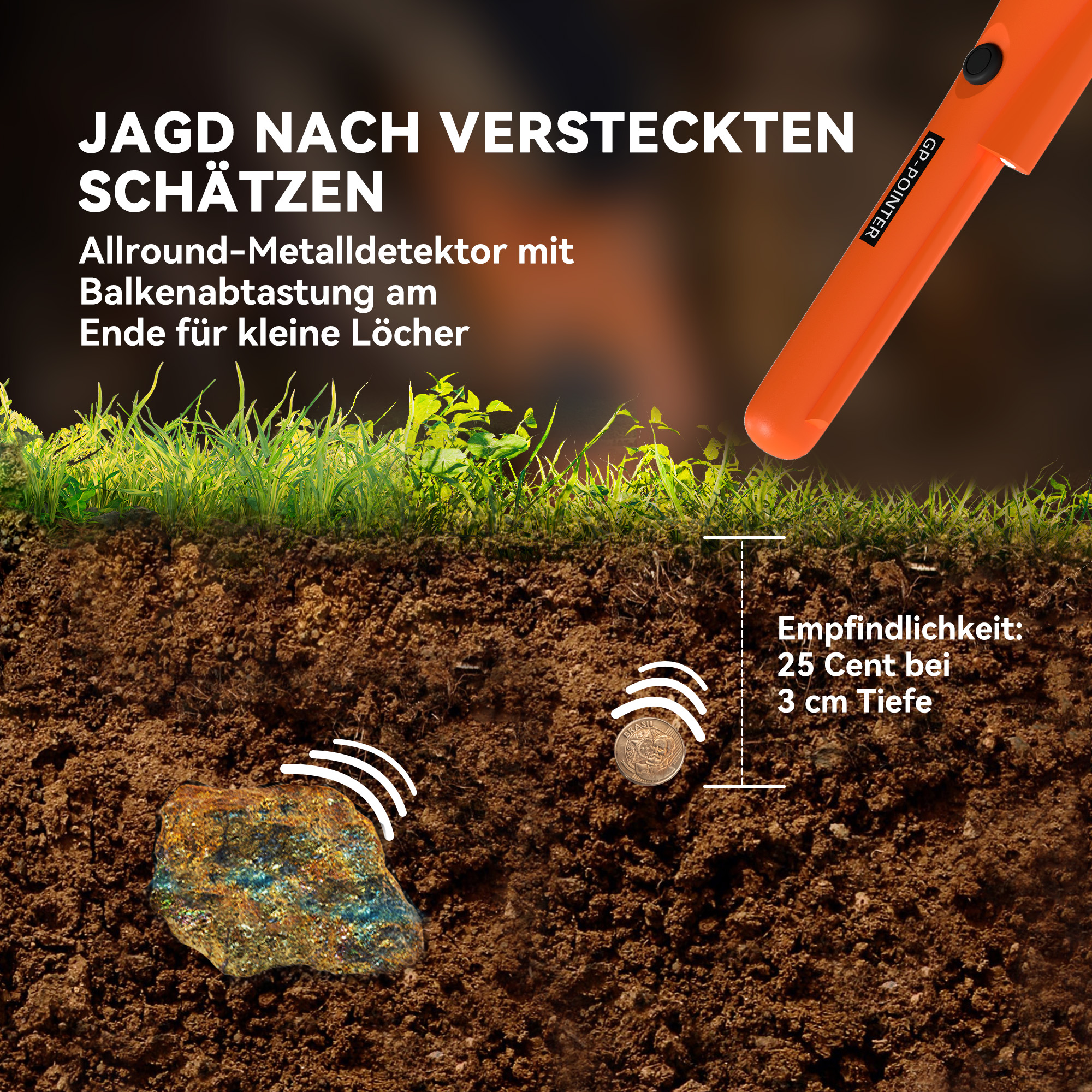 Metalldetektor für Erwachsene, Tragbar Ortungsgerät mit LED Indicator, Wasserdicht Schnurlos Metallsuchgerät Orange
