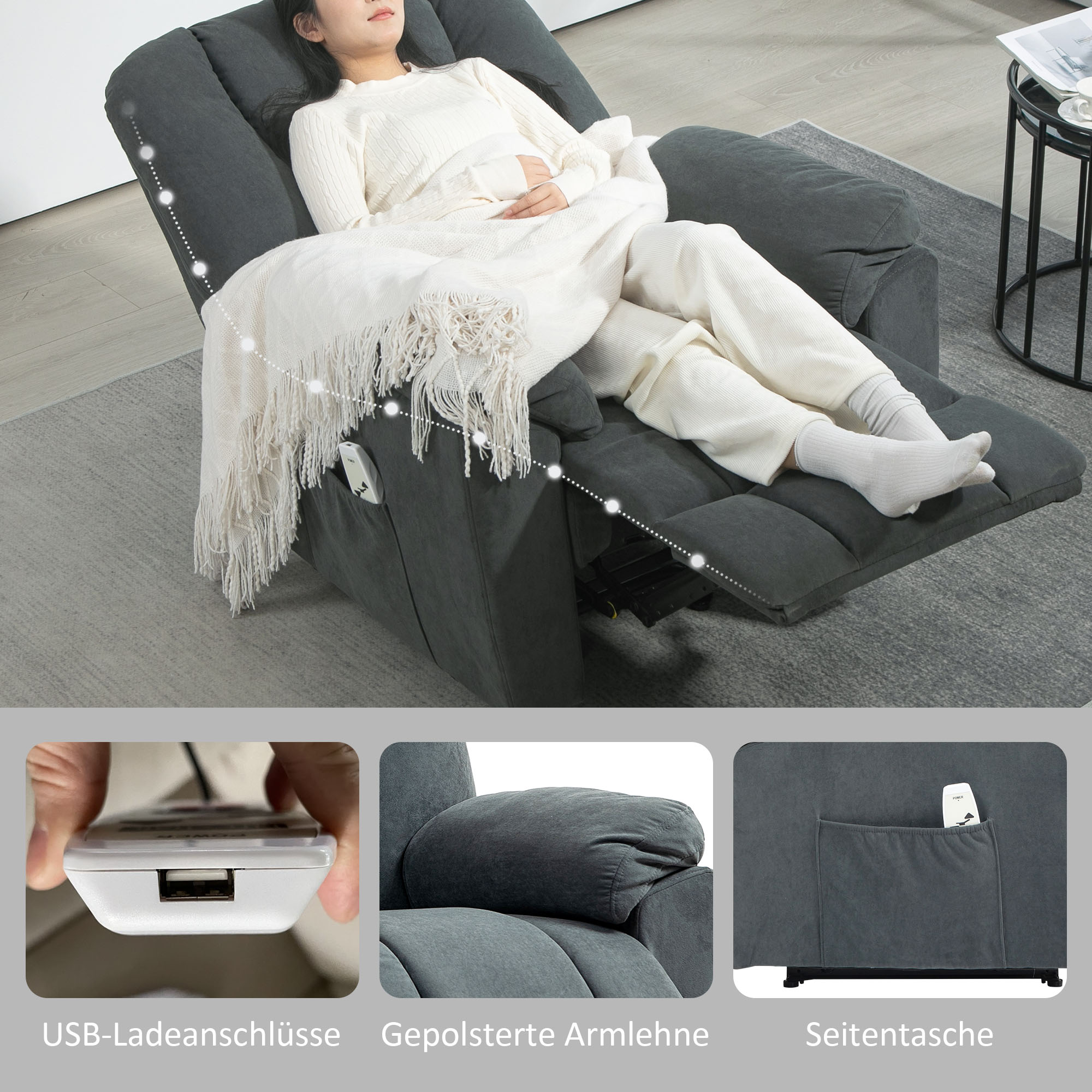 Elektrischer Relaxsessel mit Massage- und Wärme-Funktionen, Polstersessel mit USB-Anschluss, Seitentaschen, Grau