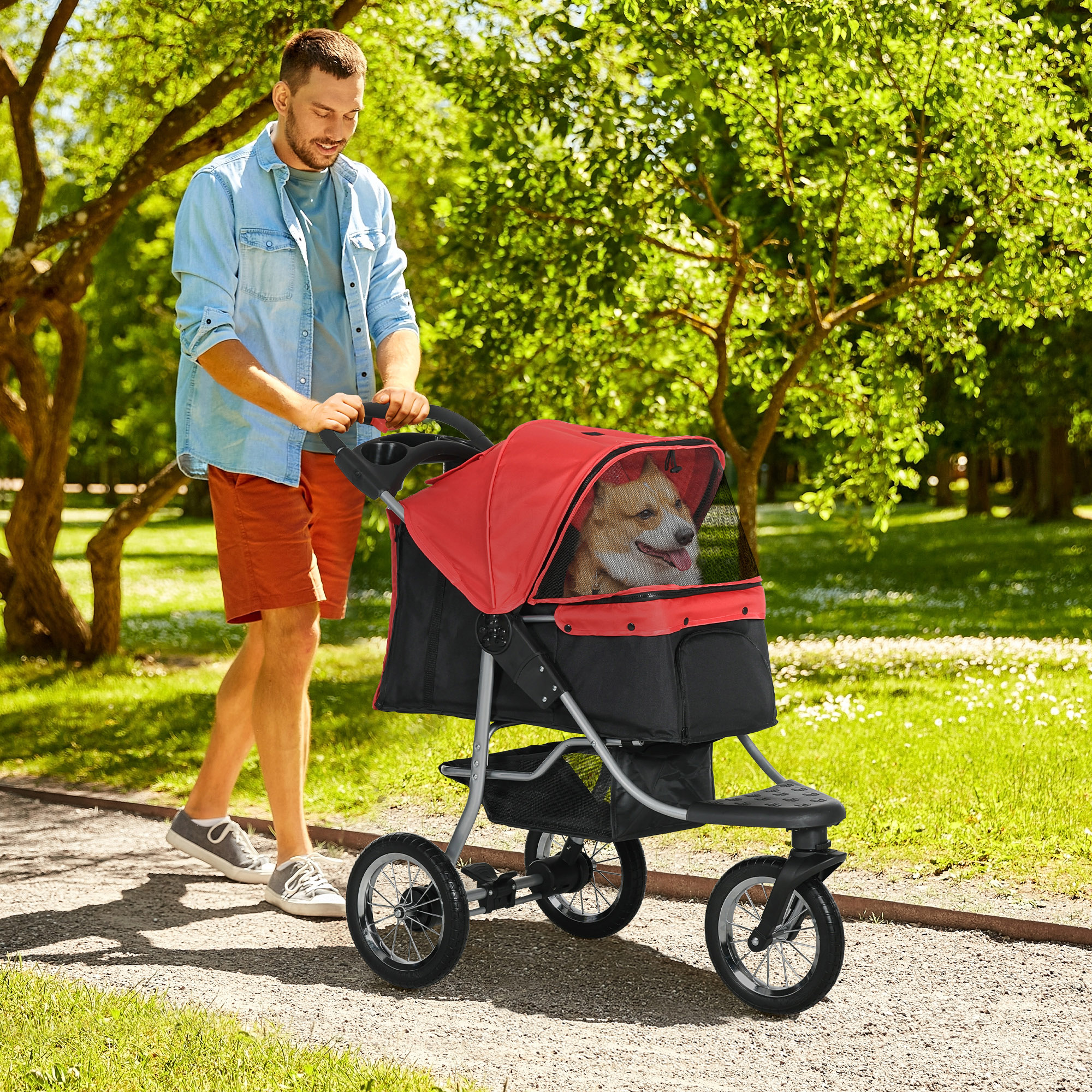 Hundewagen Hundebuggy mit 3 Rädern klappbar bis 10 kg Oxford Rot+Schwarz 109,5 x 54,5 x 106,5 cm
