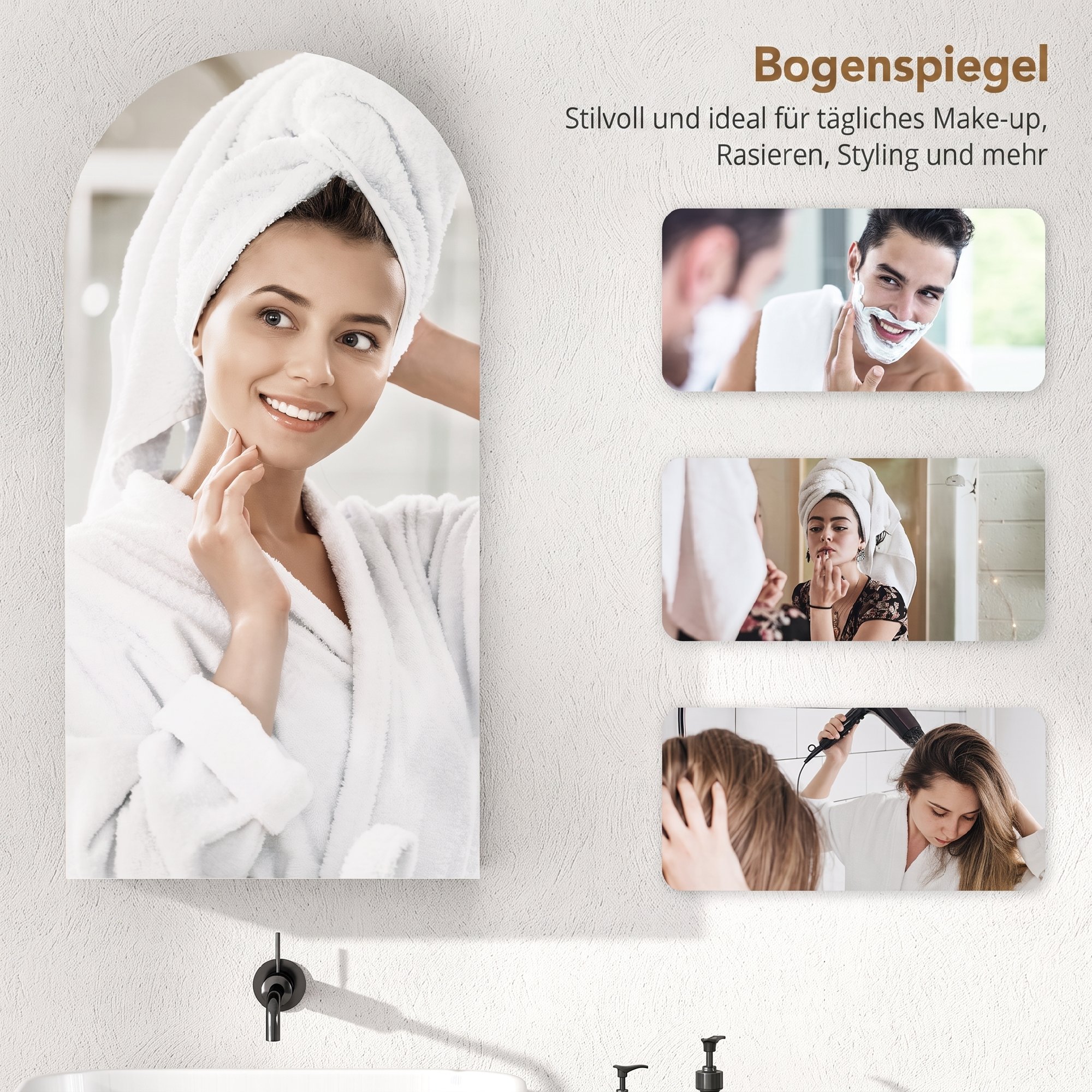 Badezimmerspiegelschrank mit rahmenlosem Bogen-Spiegel und verstellbaren Glasböden, Weiß
