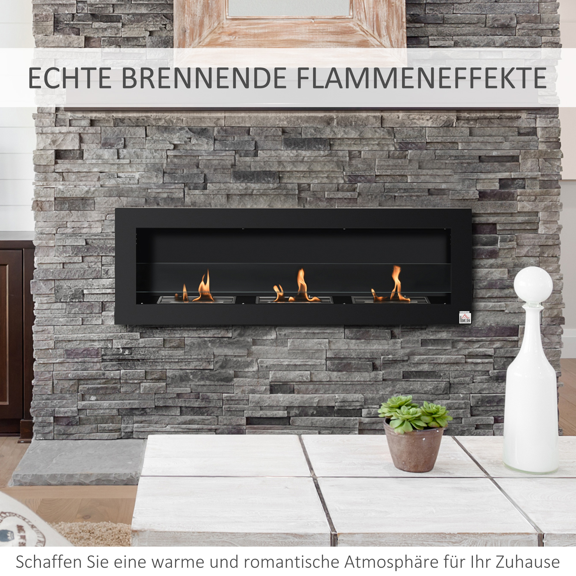 Ethanol-Kamin Bio-Ethanol-Brenner 3 Brennboxen 1L 3 Std, Brenndauer 2000W kein Rauch wandmontiert Stahl gehärtetes Glas Schwarz 120 x 15 x 40 cm