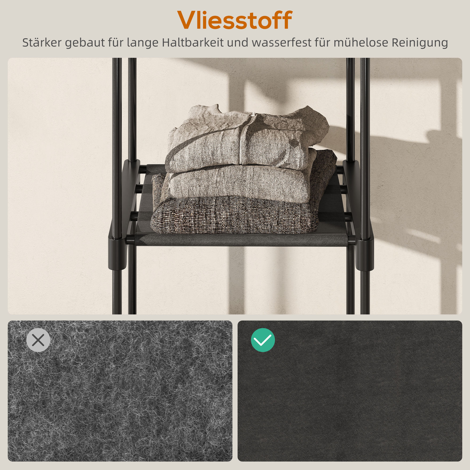 Stoffschrank Kleiderschrank mit Kleiderstange, Ablagen, für Schlafzimmer, Ankleidezimmer, 111 x 43 x 185 cm, Schwarz