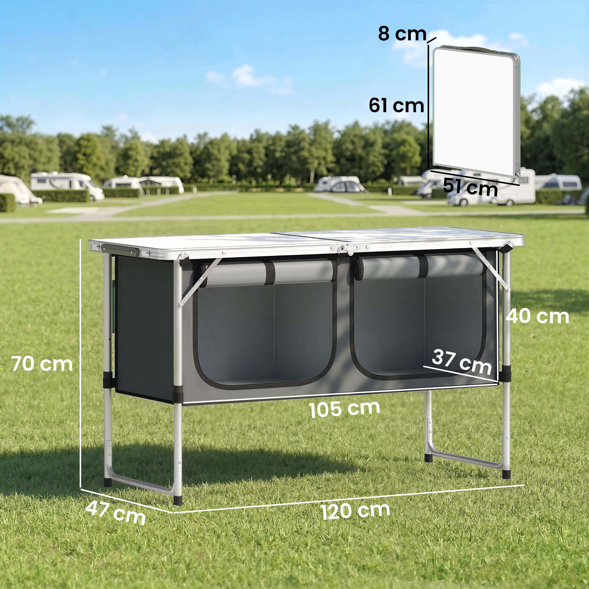 Camping Küche faltbar Campingschrank mit Aluminiumgestell Staufach Arbeitsplatte für Camping Reisen Silber
