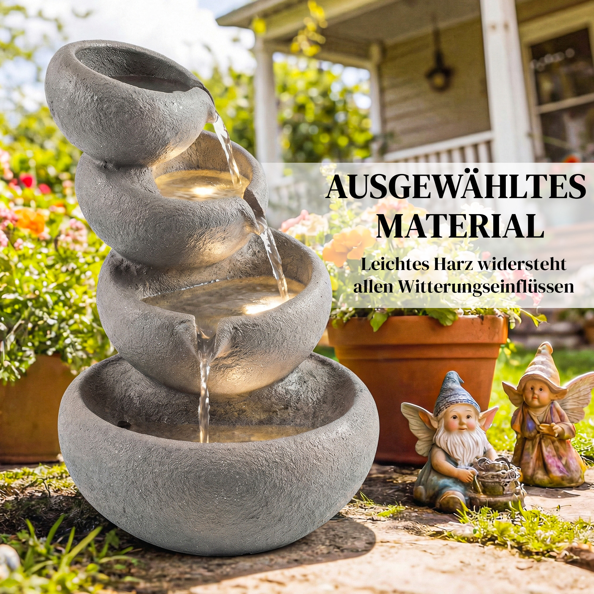 Springbrunnen Outdoor aus Kunstharz 4-stufig Gartenbrunnen mit LED Beleuchtung Pumpe Steinoptik 35 x 32 x 50 cm