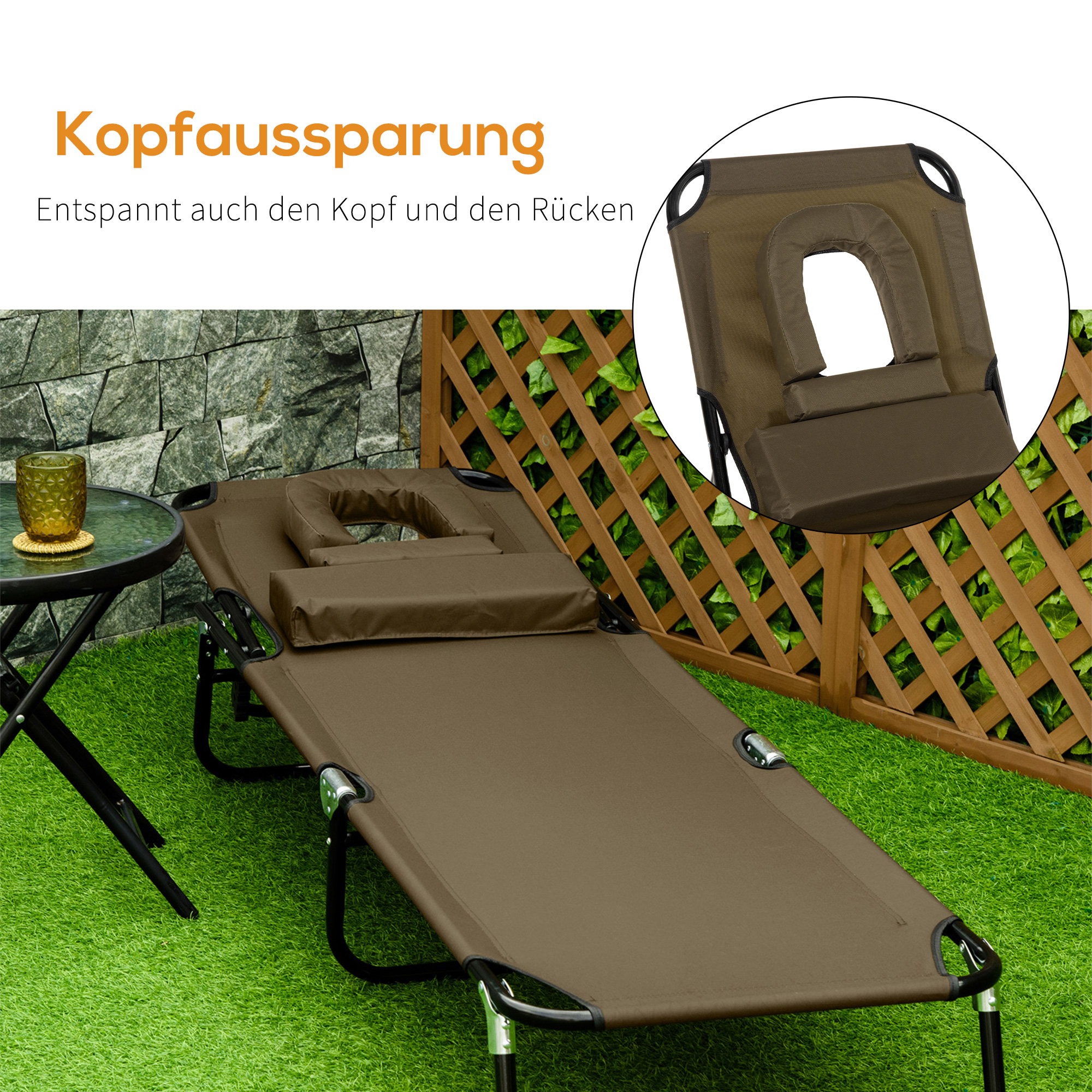 Sonnenliege klappbar Gartenliege mit Kopfkissen Liegestuhl mit 4-Fach verstellbare Rückenlehne Campingliege Gesichtsöffnung bis 120kg belastbar für Garten, Balkon und Pool Braun