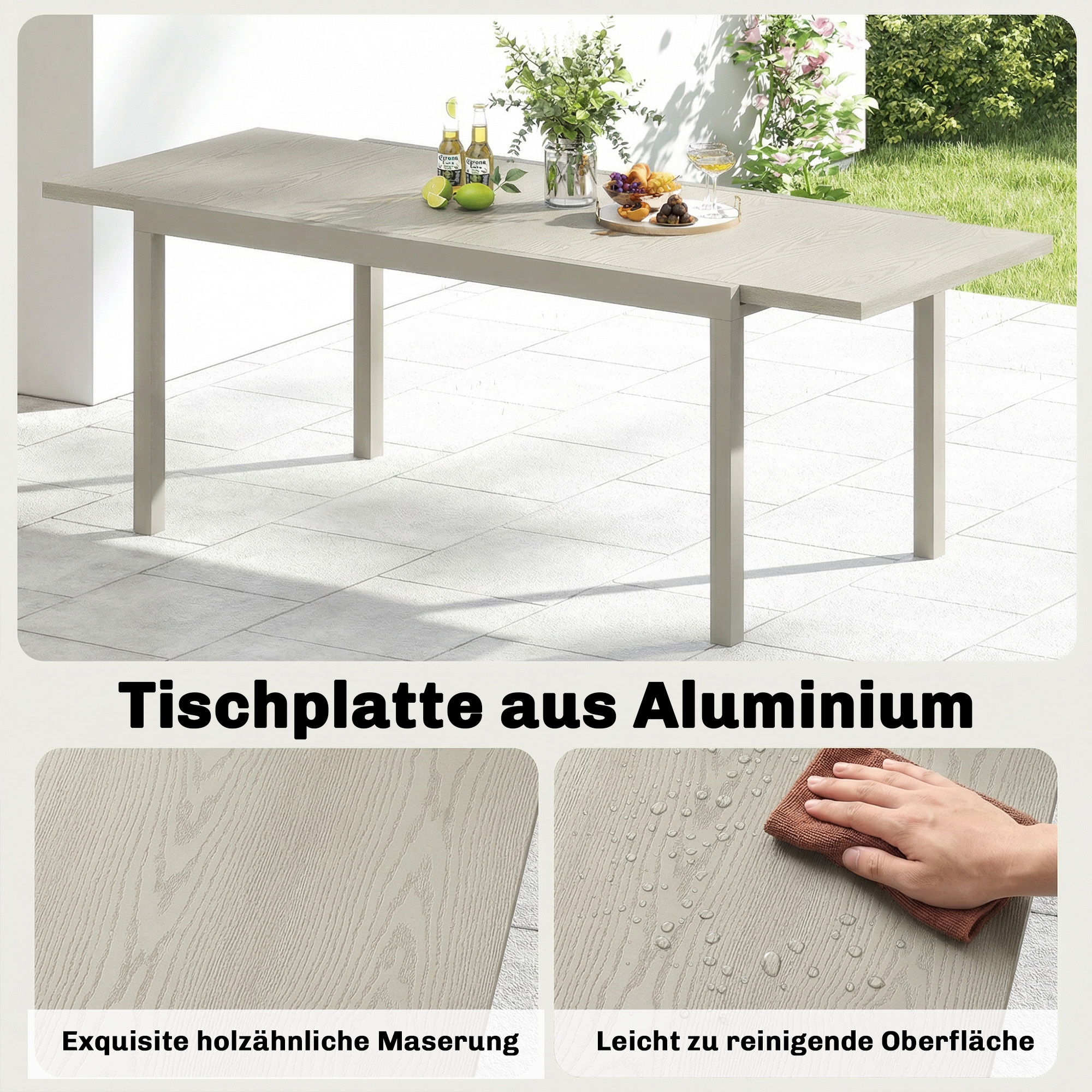 Gartentisch Ausziehbarer 154/214 x 85 cm Aluminium Esstisch für 8-10 Personen mit Holzoptik Hellgrau