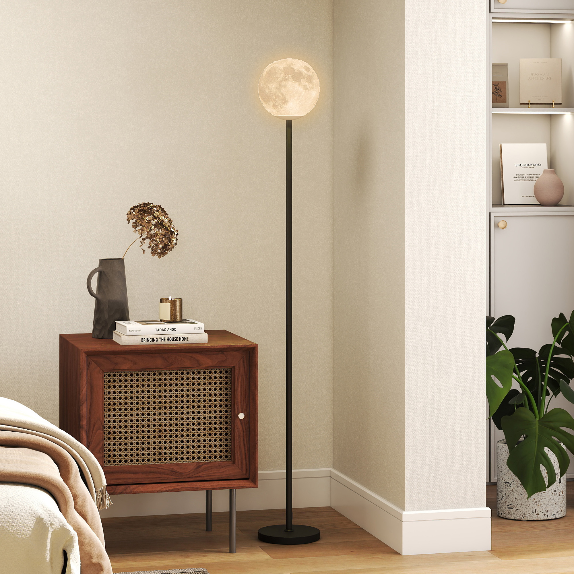 Stehlampe mit Schirm in Mondoptik, Fußschalter, 3 Farbtemperaturen, Metall, Schwarz