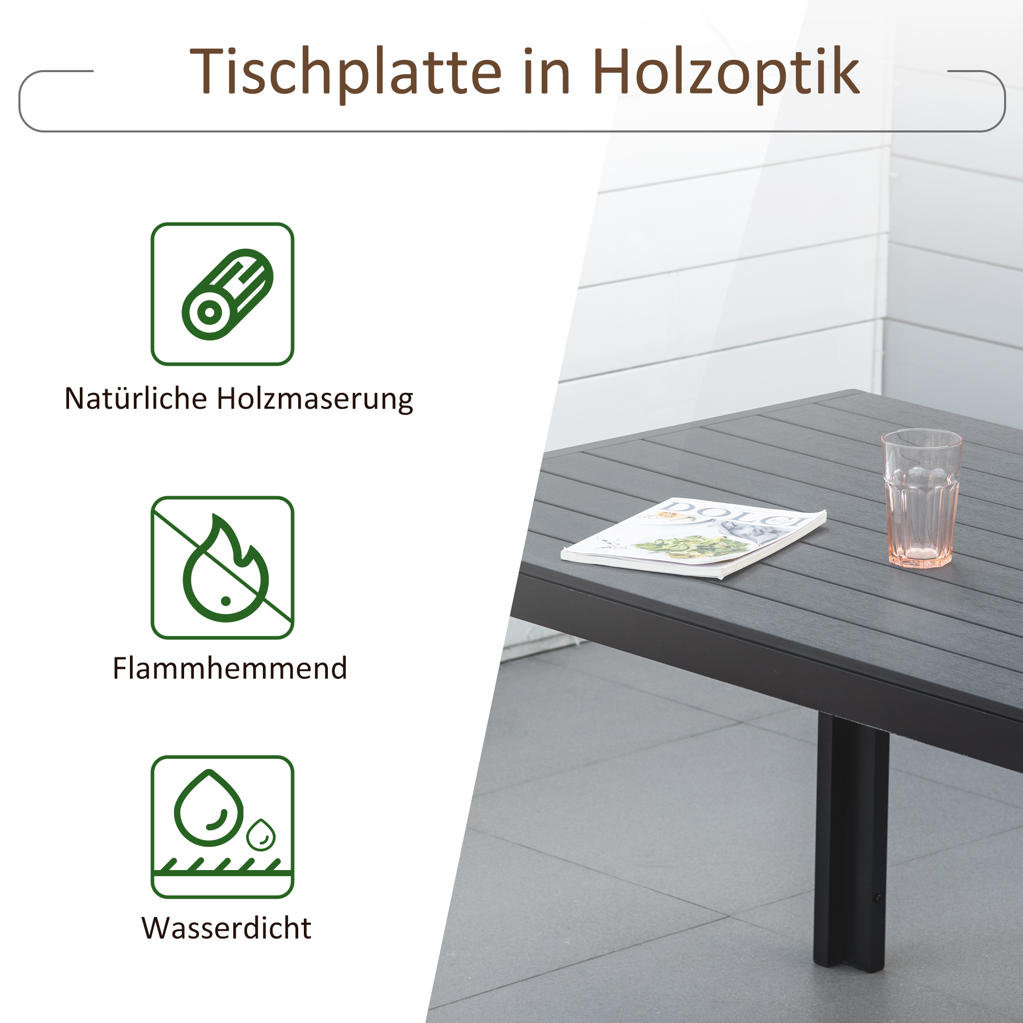 Gartentisch Kunststoff 190 x 84,5 x 72 cm Wetterfest, Holz Optik, Holzstrukur, rutschfest Buffettisch Campingtisch Balkontisch Terrassentisch Outdoor Esstisch für Garten, Balkon Schwarz