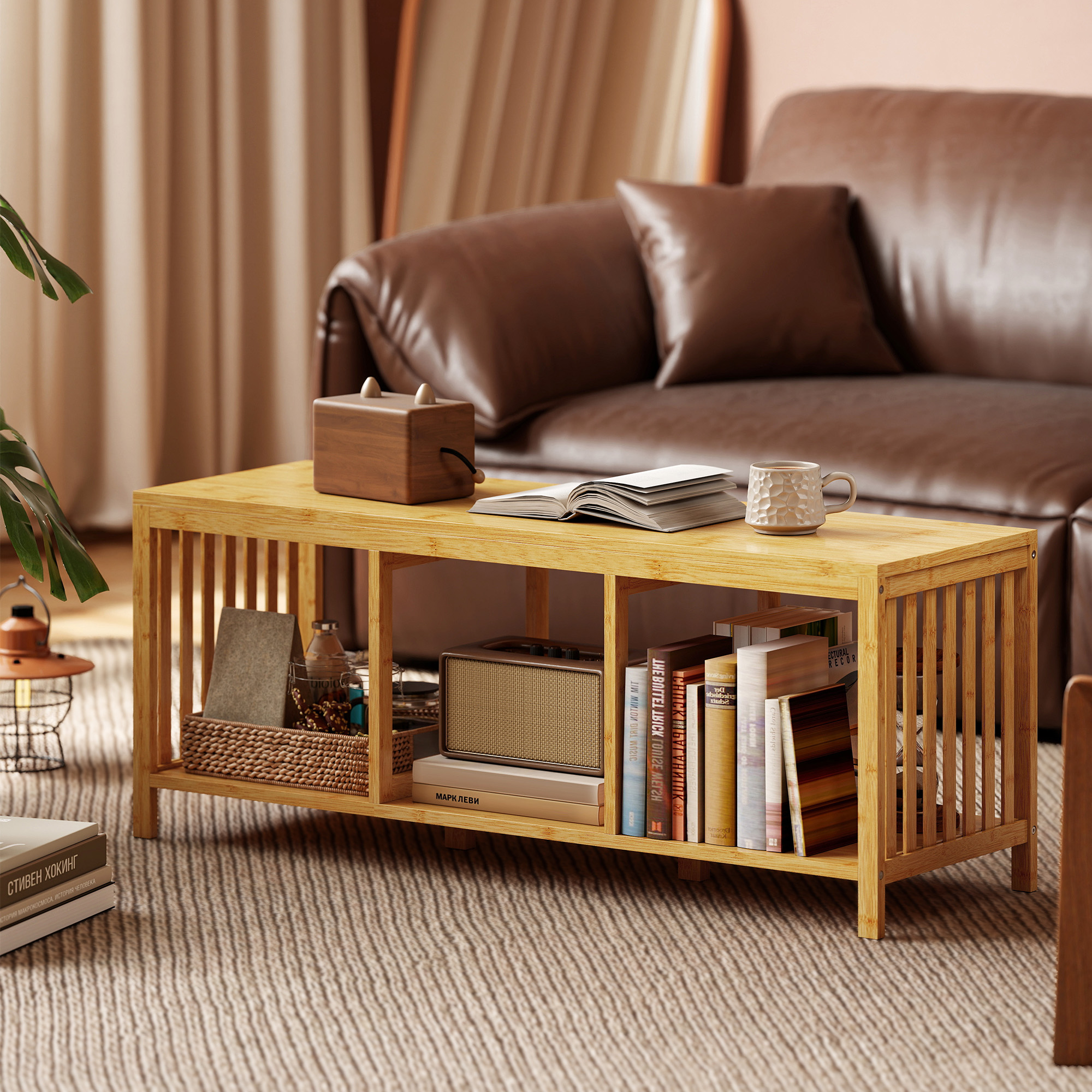 Bambus-Schuhbank, Flurbank mit gepolstertem Sitzkissen und offener Ablage, Naturholz-Optik