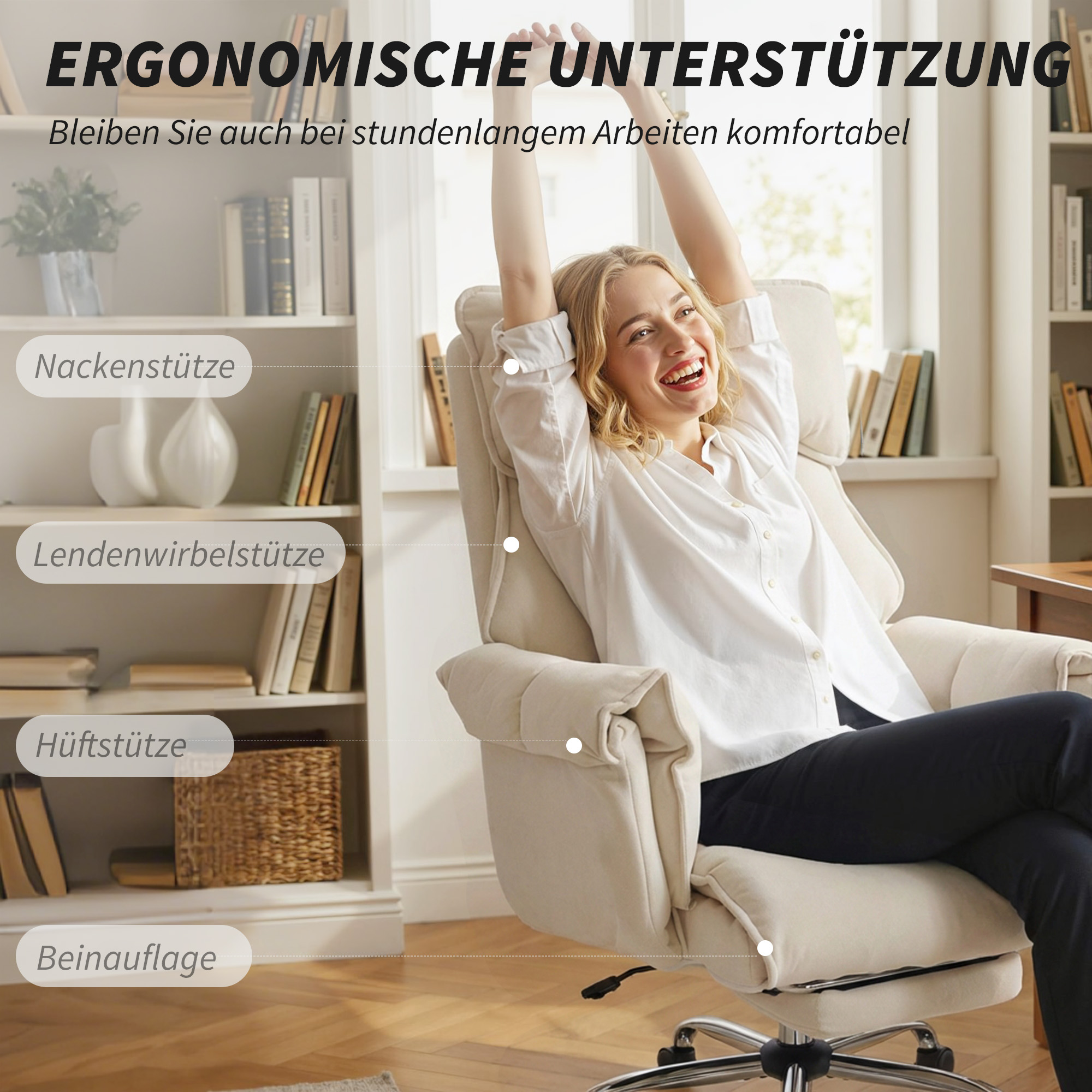 Bürostuhl Höhenverstellbarer Drehstuhl mit Lendenwirbelstütze, Fußstütze, Schneeflanell, 80 x 80 x 106-114 cm Cremeweiß
