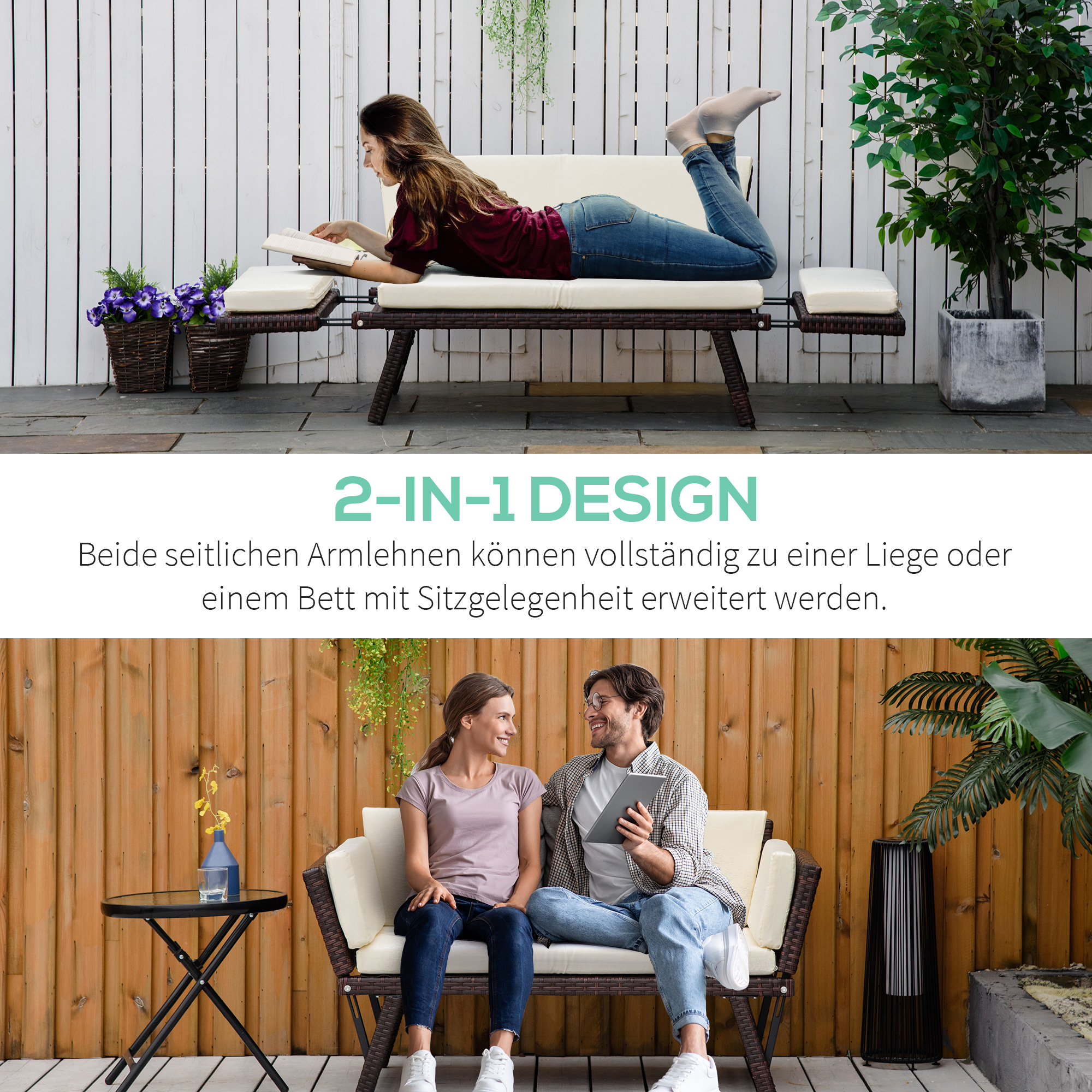 Polyrattan Gartensofa 2 Sitzer Gartenmöbel Loungesofa Gartenbank Gartenliege klappbar Armlehnen Stahl Braun 129 x 63 x 67 cm