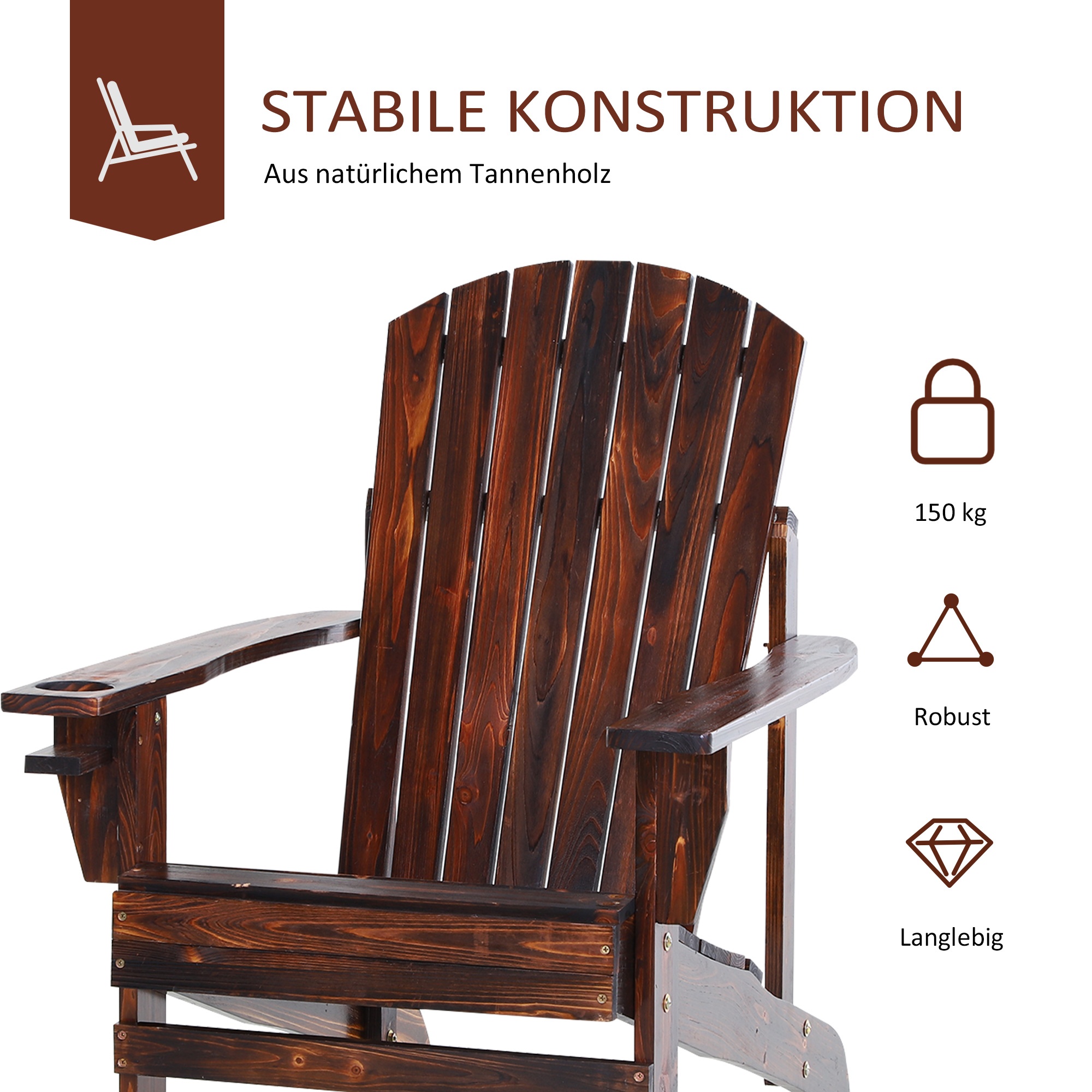 Adirondack-Gartenstuhl mit Becherhalter Gartenliege Balkonstuhl Massivholz Verkohlt 72 x 95 x 93 cm