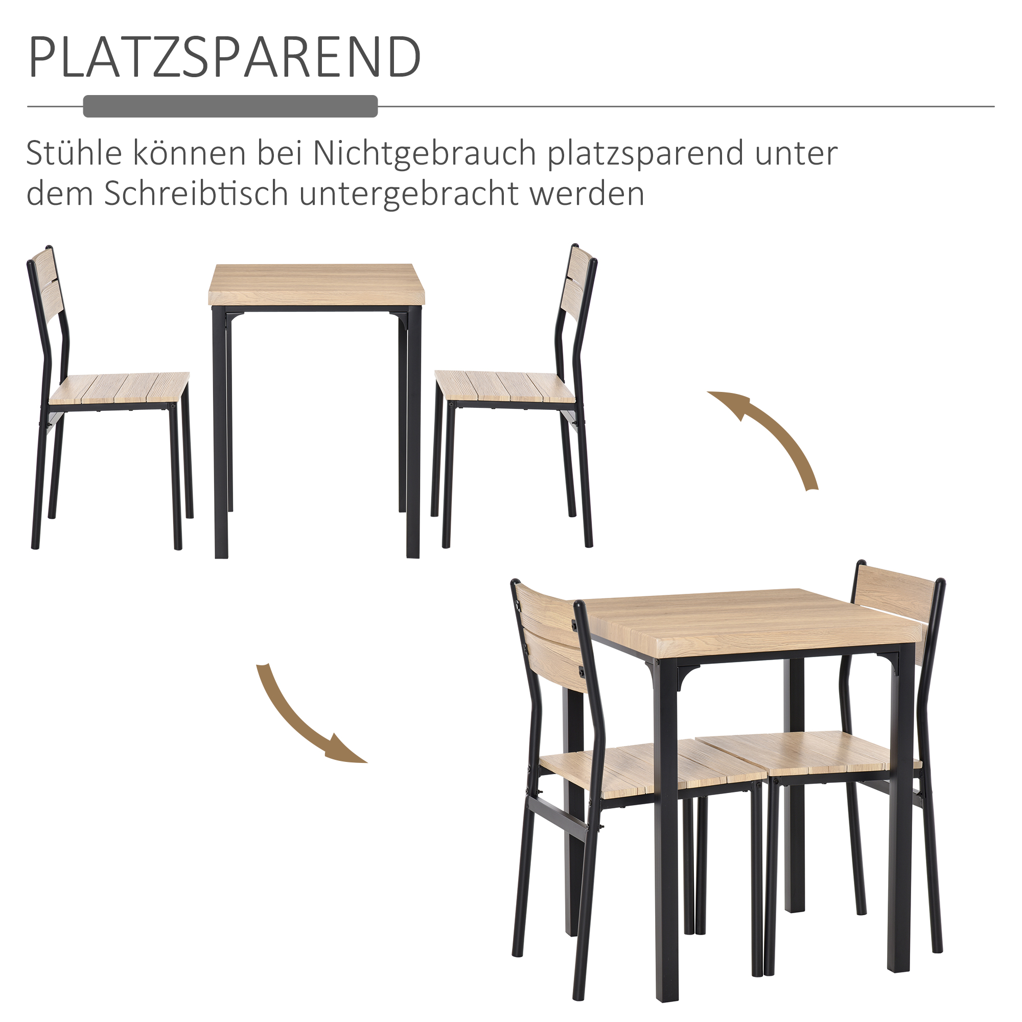 3-teilige Esstisch Küchentisch mit Stühlen Set Naturholzmaserung + Schwarz mit 1 Tisch + 2 Stühlen