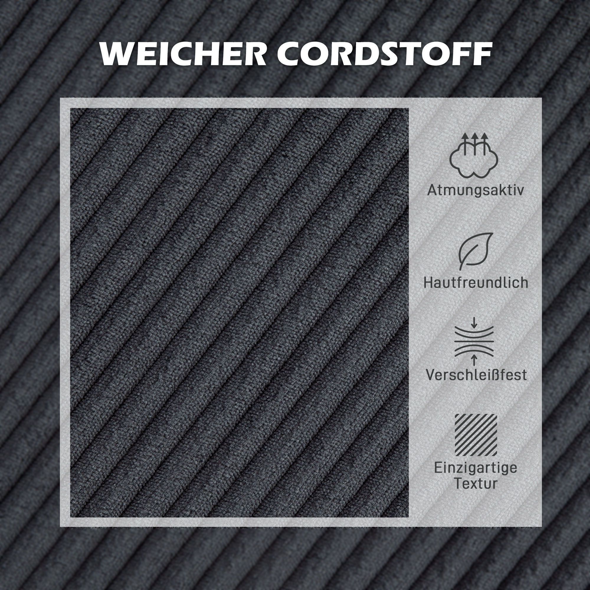 Ecksofa, L-förmiges 3-Sitzer-Sofa mit Chaiselongue, Holzkonstruktion, 8 Beine, Cordstoff, Schaumstoffpolsterung, Grau