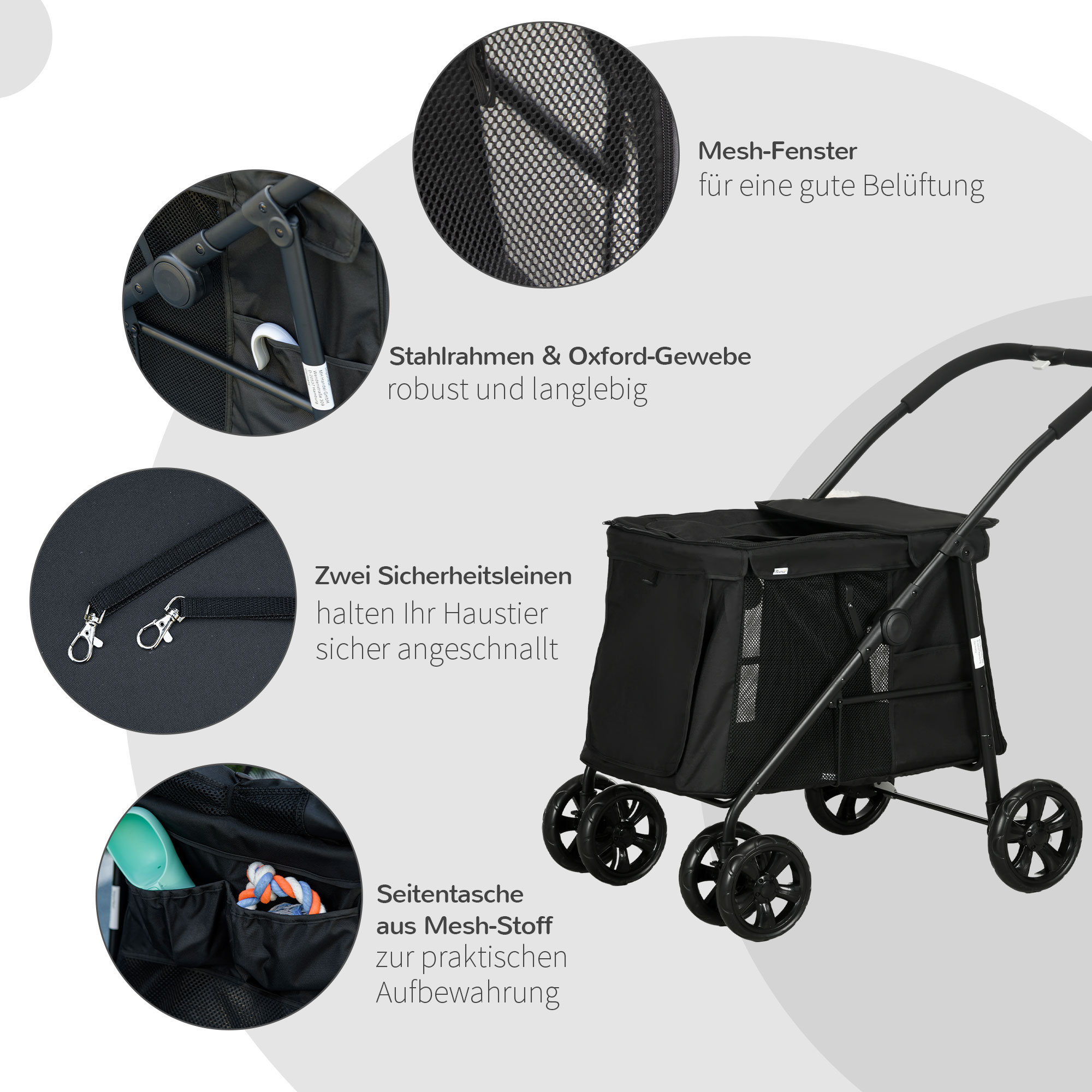 Hundetrolley inkl. Kissen, 3 Seitentaschen, klappbar, Hundewagen, 102 cm x 62 cm x 105 cm, Schwarz