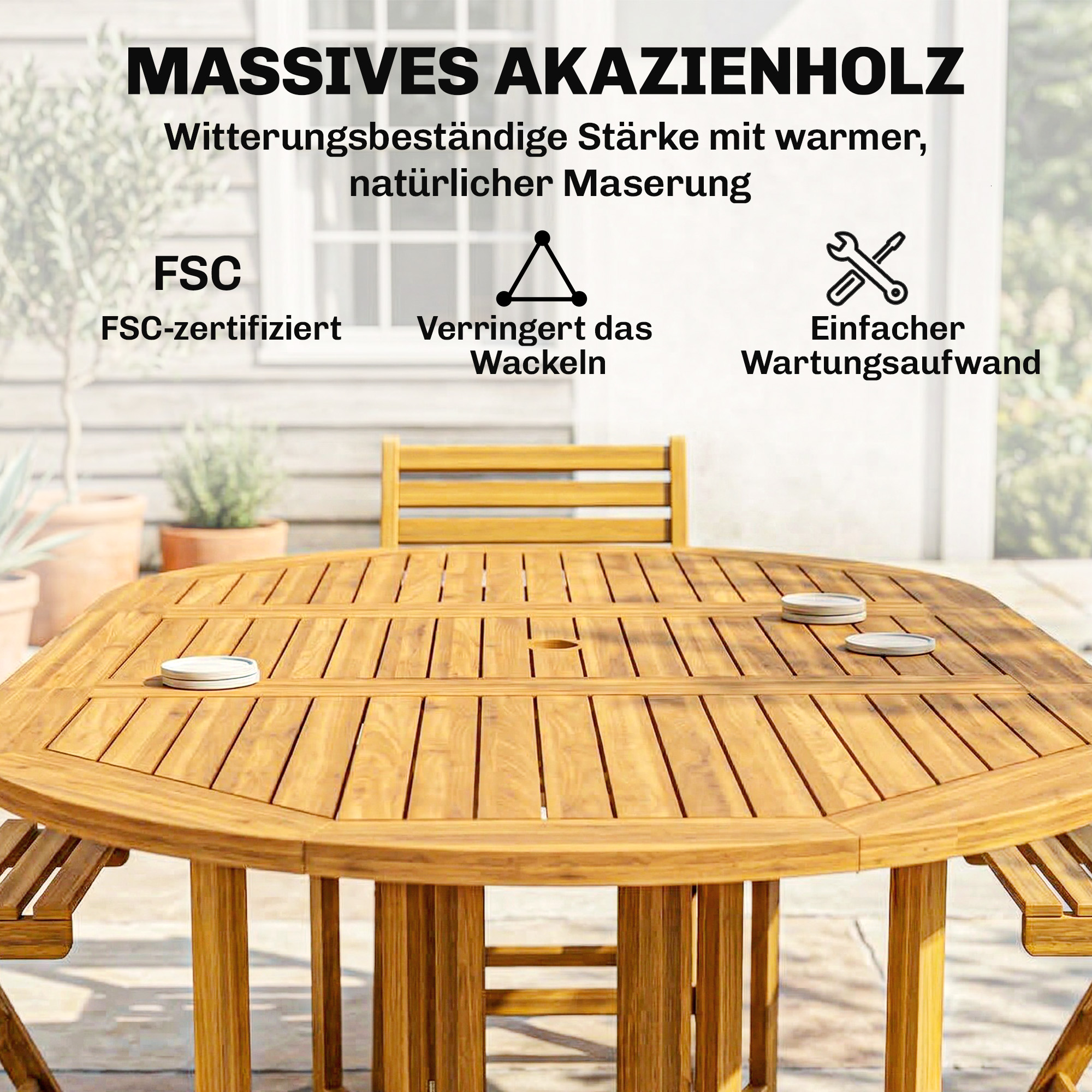 Gartenmöbel Set FSC Holz Sitzgruppe 7-teilig Klappbar Tisch mit 6 Klappstühlen Schirmloch Lamellendesign