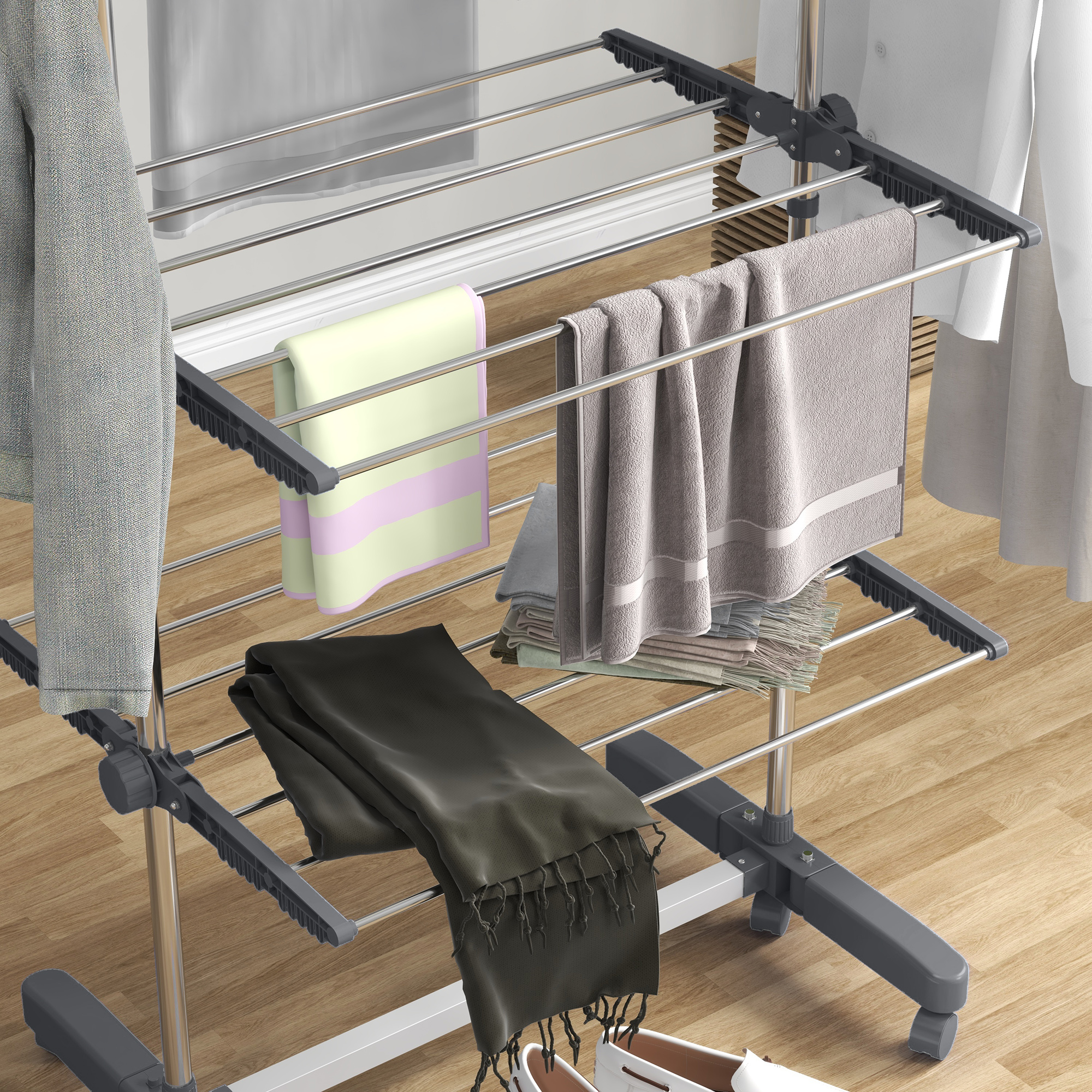 Wäschenständer Wäschetrockner 5 Ebenen, klappbar, One-Klick-System, 142 cm x 55 cm x1 72 cm, Grau + Silber
