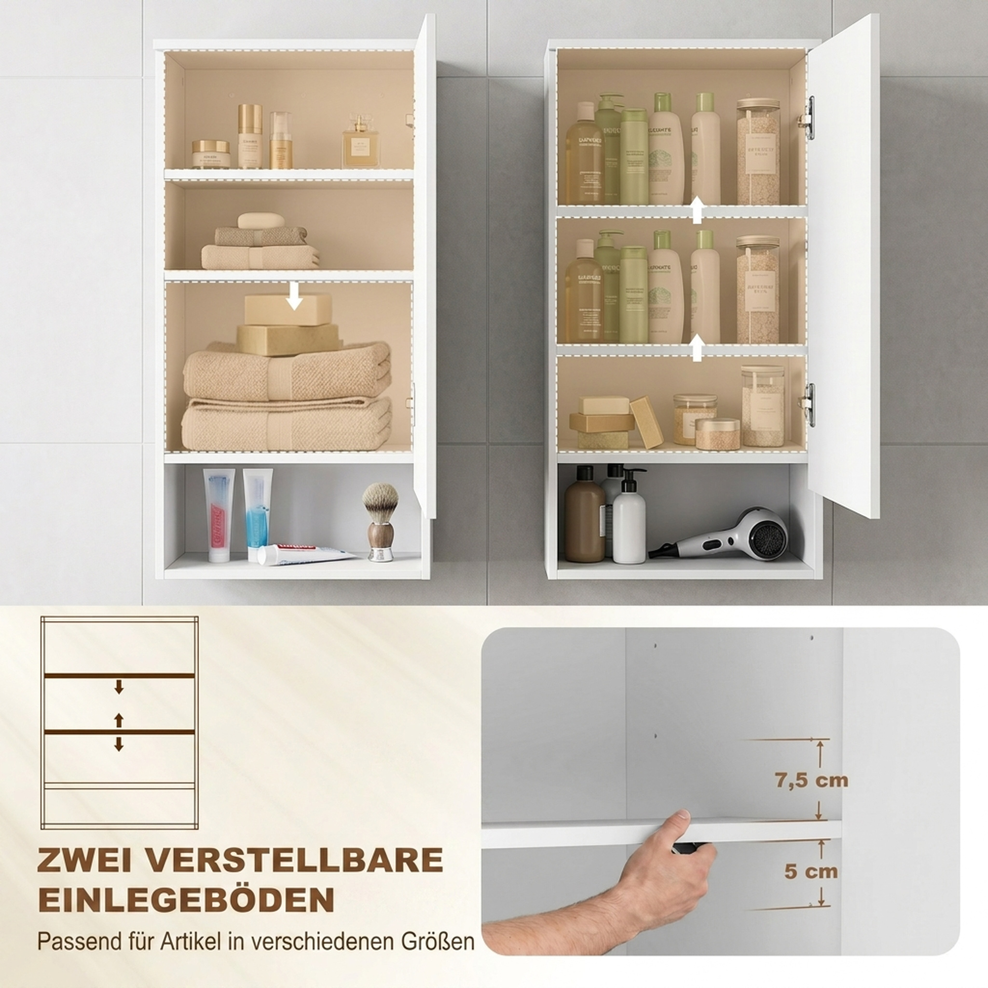 Badezimmerschrank zur Wandmontage, mit verstellbaren Einlegeböden und Tür, weiß