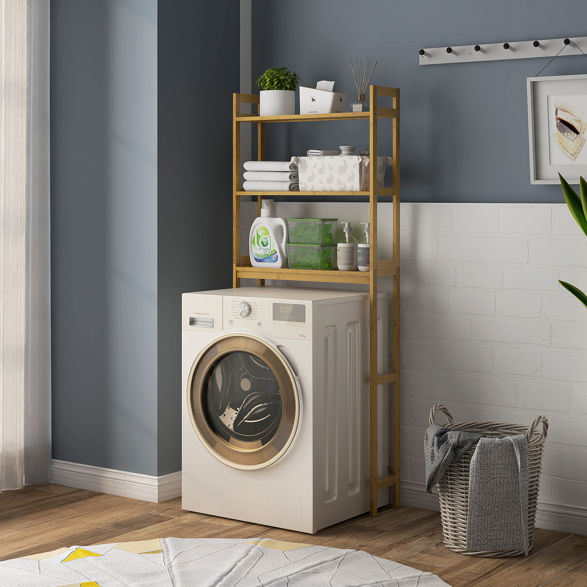 Badezimmerregal Badregal Toilettenregal, 3 Regale, wasserbeständig, 68 cm x 20 cm x 165 cm, Natur