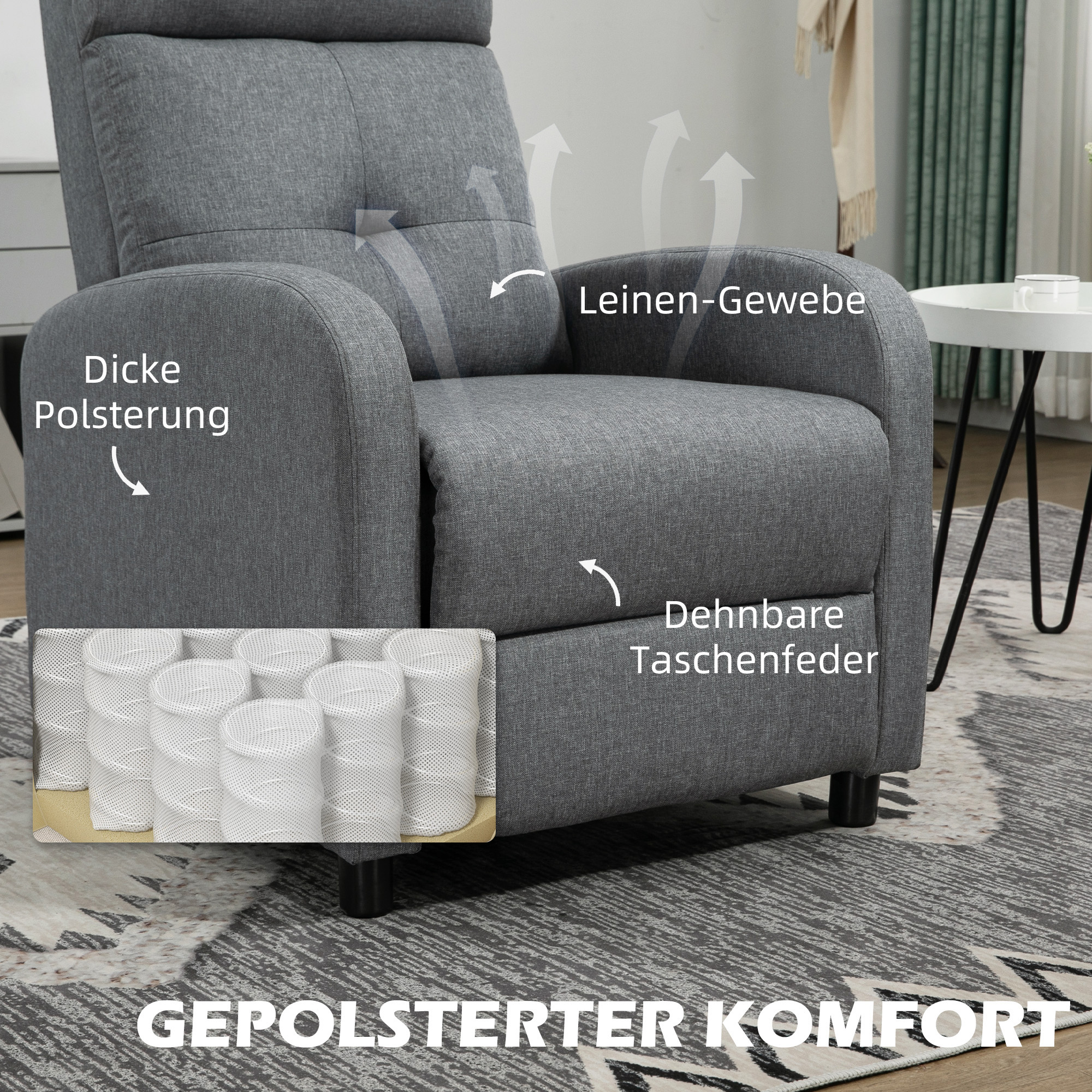 Relaxsessel mit Liegefunktion, ausfahrbares Fußteil, Taschenfederkern, bis 150 kg, Grau