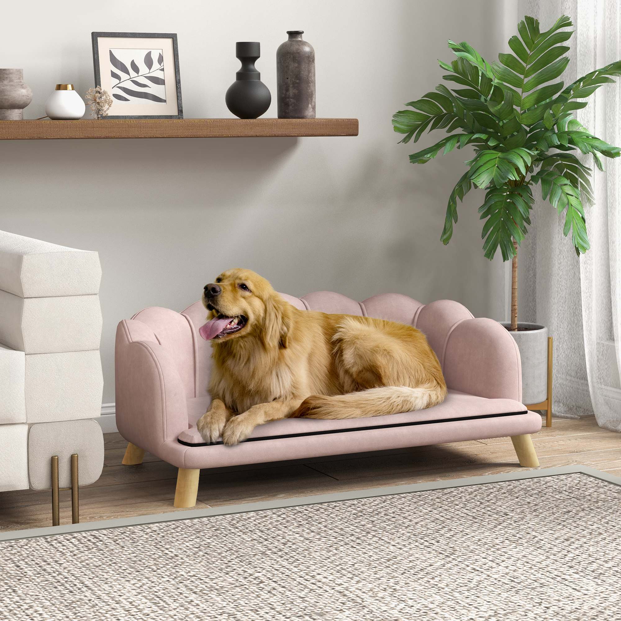 Haustiersofa für mittelgroße und große Hunde bis 25 kg, robustes Holz, gepolstert, Rosa