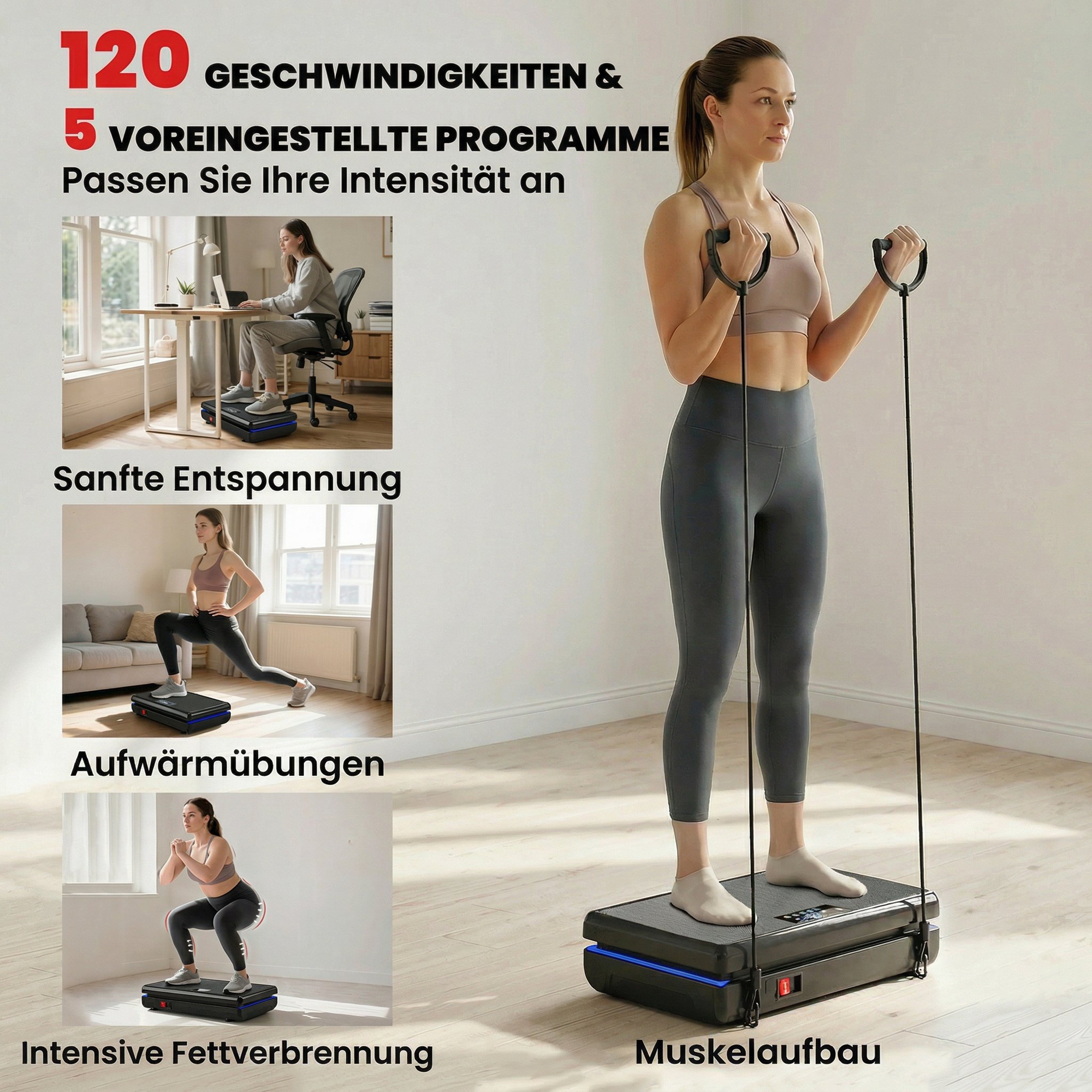 Vibrationsplatte Rüttelplatte mit 120 Intensitätsstufen 5 Vorprogramm LED-Lichtern Widerstandsbänder Rutschfest