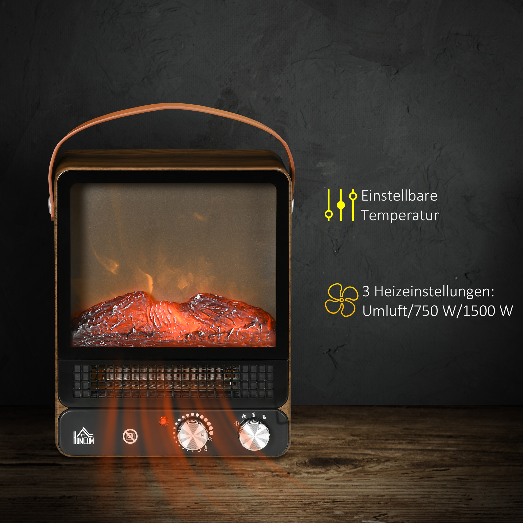 Elektrokamin, realistisches Feuer, 2 Heizmodi bis 50° C, Überhitzungsschutz, Walnussoptik, 30,3 x 17,5 x 37,4cm