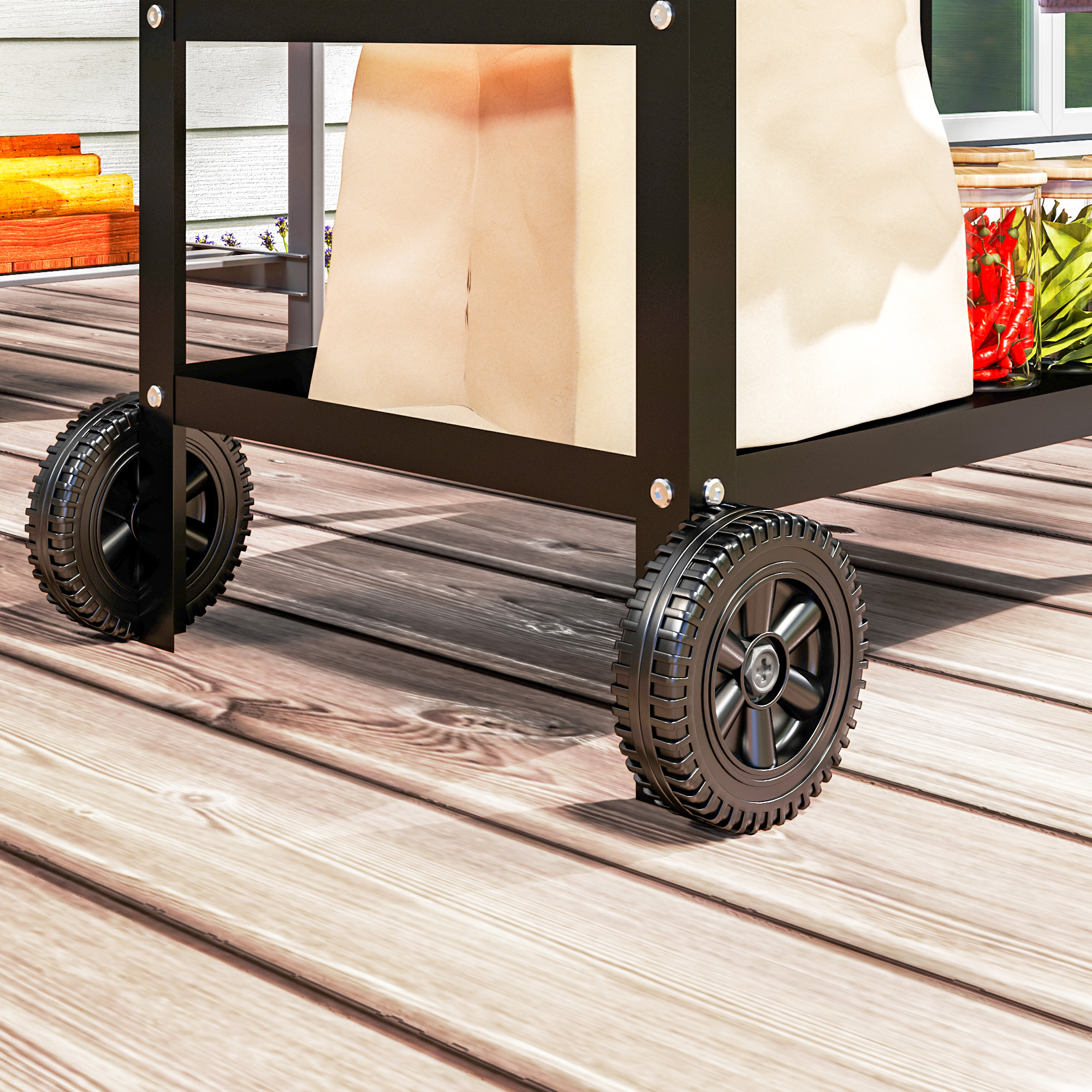 Grillwagen 3-Etagen Servierwagen mit Arbeitsfläche Griffe Hülle Räder, BBQ Grilltisch Edelstahl 100x52x80cm Schwarz