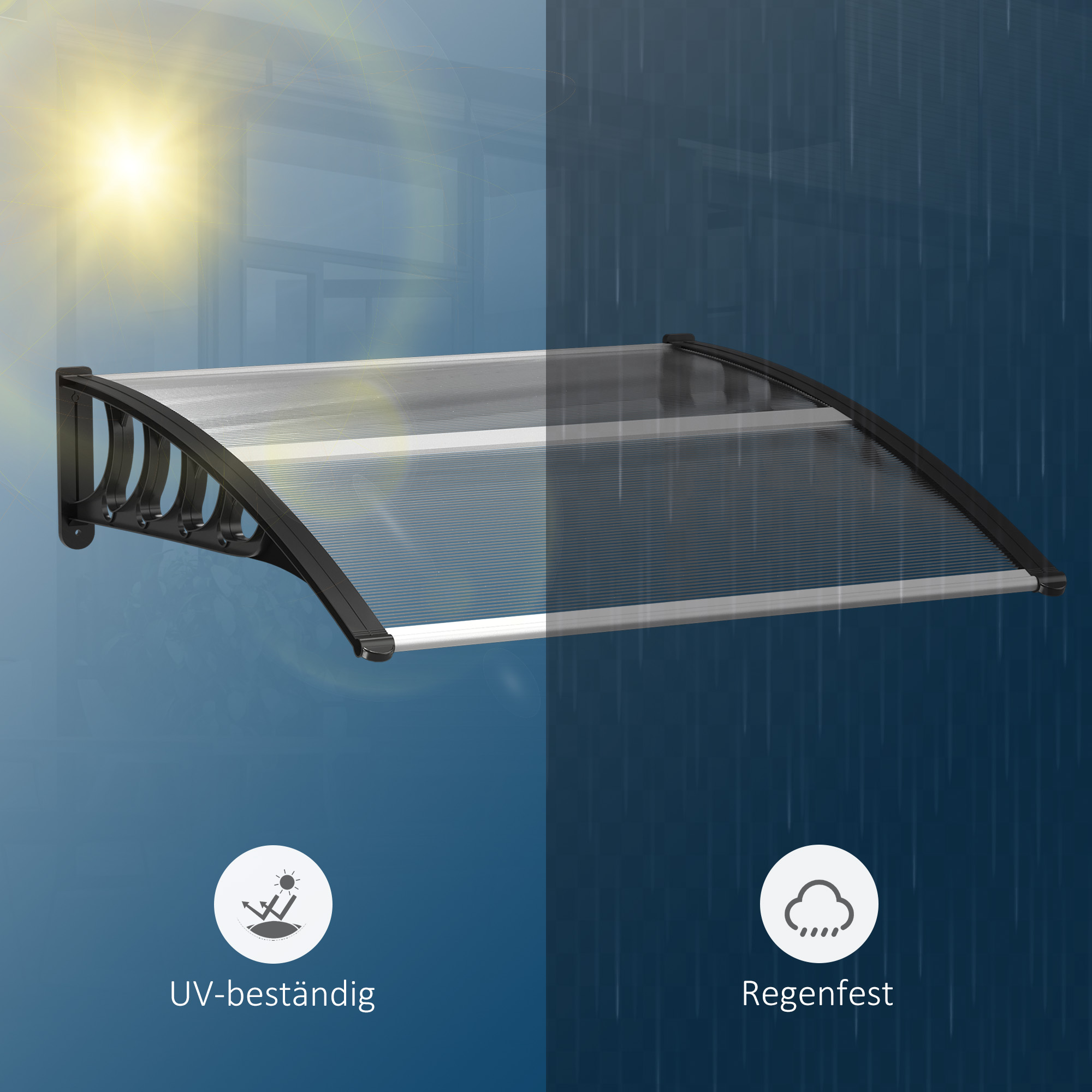 Vordach für Haustür/Fenster, wetterfest, transparent, Aluminium/Polycarbonat, 103x96,5x27cm, Schwarz